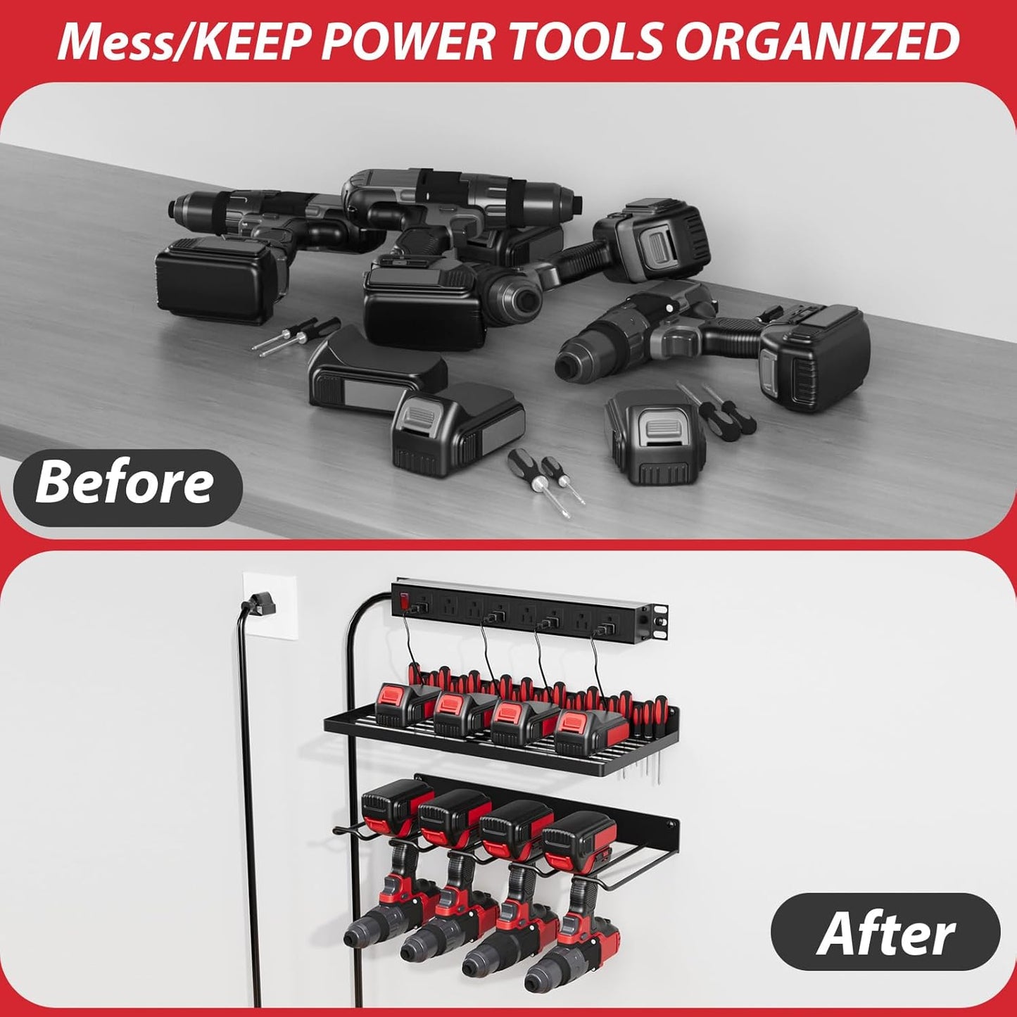 Power Tool Organizer With Charging Station, Wall Mount Drill Holder, Screwdriver and Battery Organizer, Heavy Duty Rack for Garage, Workshop, Tool Room, Workbench
