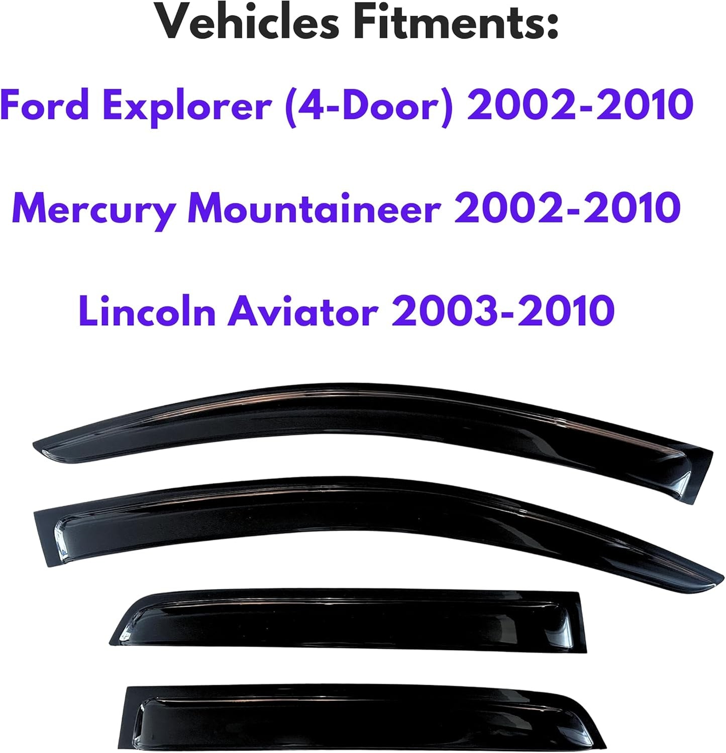 KPY Window Visor Compatible with 2002-2010 Ford Explorer (4-Door) & Mercury Mountaineer, 4PC Rain Guard Side Window Vent Deflectors Tape-On for Lincoln Aviator 2003-2010, 2004 2005 2006 2007 2008 2009
