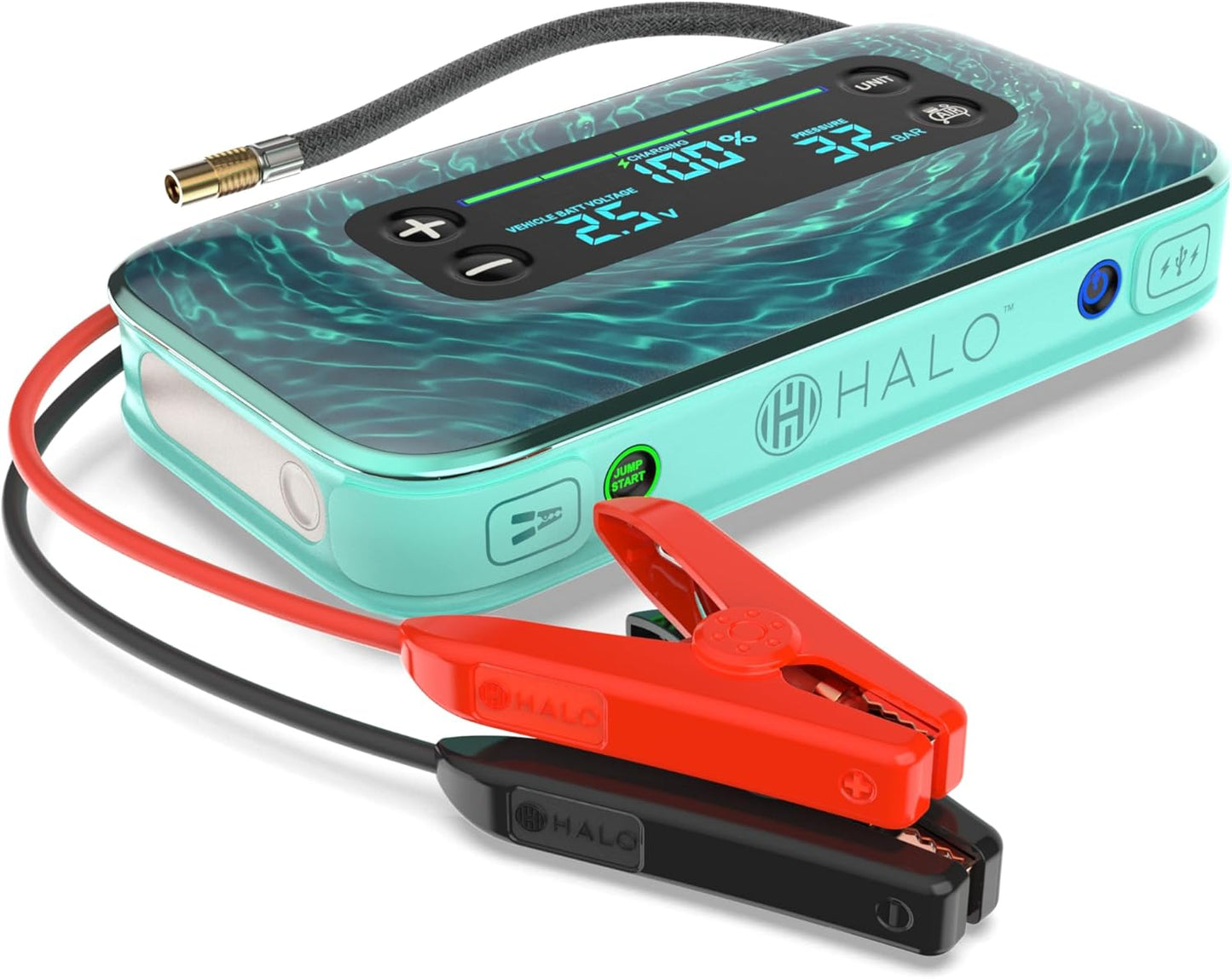 HALO Bolt Air+ 1750 Portable Car Battery Jump Starter | 130 PSI Air Compressor, 59.9Wh USB Power Bank, Large Display, Emergency Floodlight & Charger, Jumps Cars SUVs & Trucks, Inflates Tires — Teal