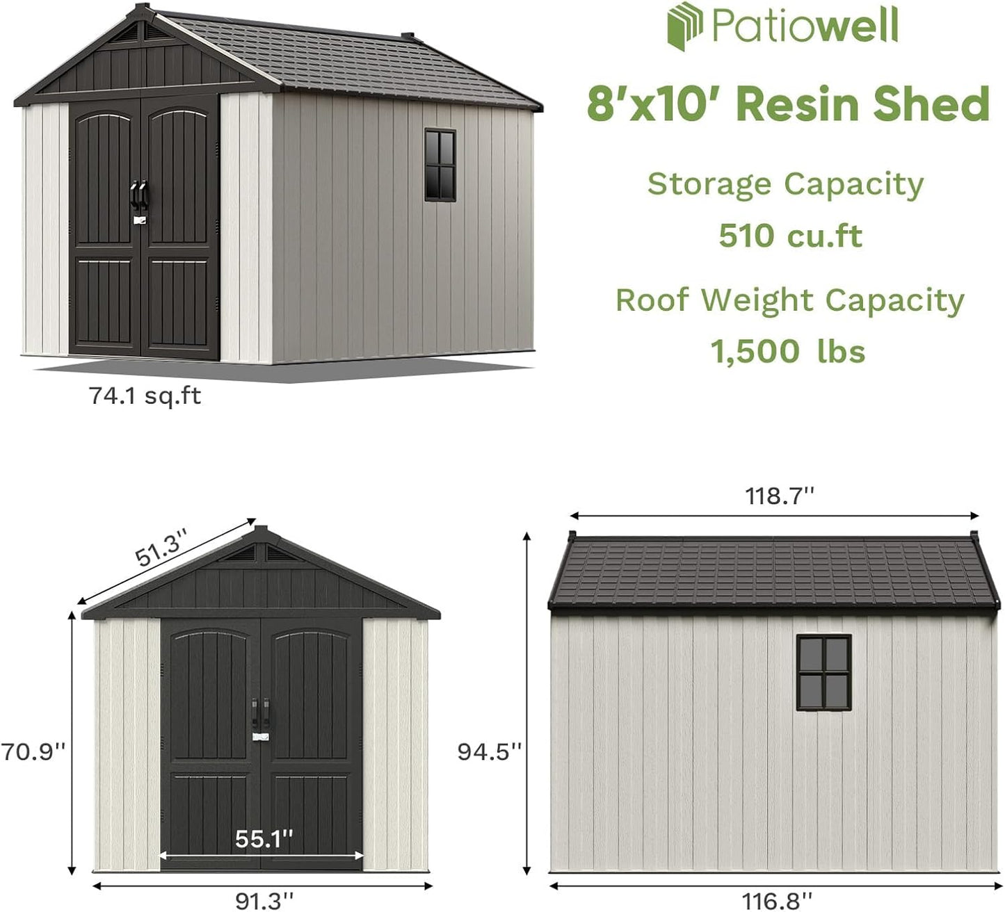 Patiowell 8x10 FT Plastic Shed Outdoor Storage Shed with Floor, Resin Garden Tool Shed Lockable Door & Two Windows for Patio, Backyard, Bike & Organizer, Beige