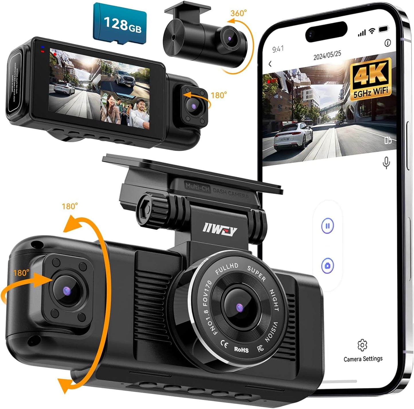 iiwey N7 3 Channel Dash Cam Front and Rear Inside 3K+1080P+1080P with 128GB SD Card, 5GHz WiFi, Rotatable Side Camera for Car, IR Night Vision, 24/7 Recording, G-Sensor, Parking Mode