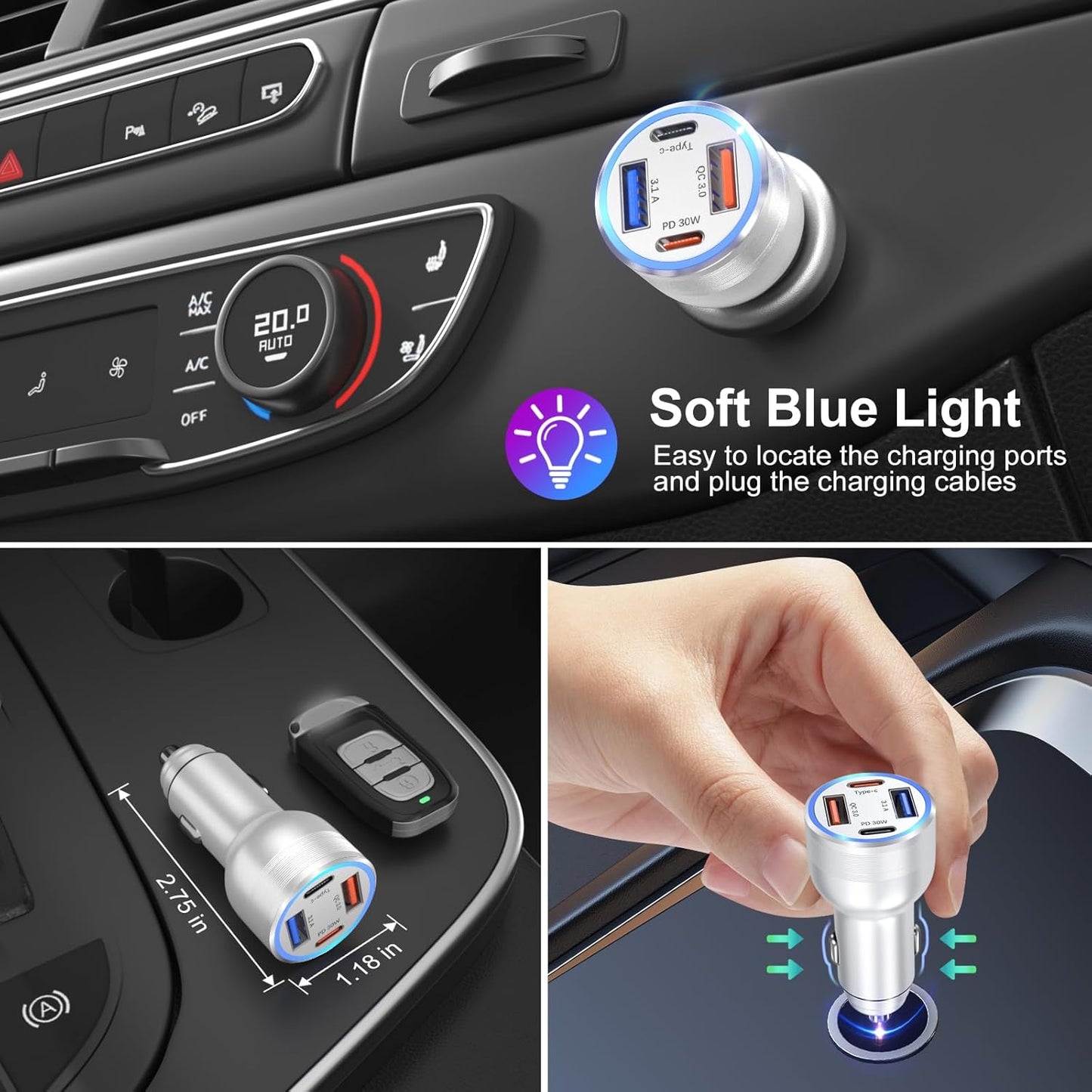 USB C Car Charger, Bangfun 3 Pack 65W 4 Ports 12V USB C Cigarette Lighter Adapter QC 3.0&PD 30W Super Fast Type C Car Phone Charger for iPhone 15/14/13/11/iPad Pro,Samsung,Android(Silver)