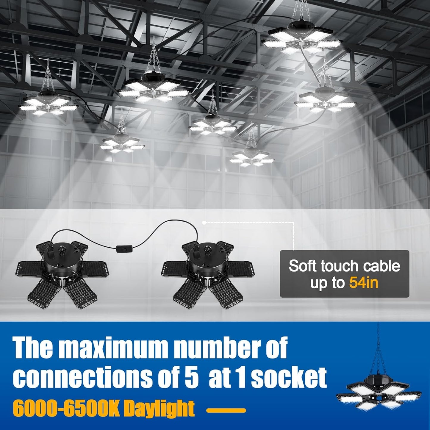 LED Garage Lights 4 Pack -180W, 18000LM 6500K Led Shop Light with 6+1 Deformable Panels, Basement Barn Light Garage Ceiling Lights, E26/E27 for Garage, Warehouse, Shop, Basement