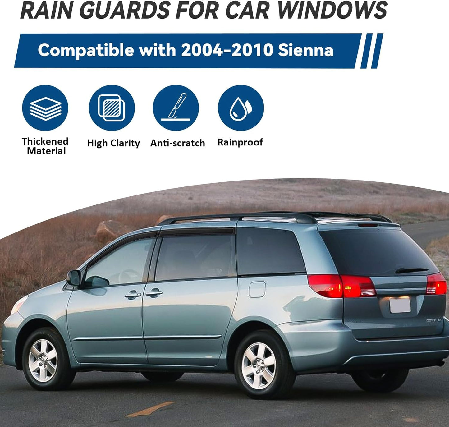 4pcs Front+Rear Smoke Tint Sun/Rain Guard Outside Mount Tape-On Vent Window Visors Compatible with 04-10 Sienna