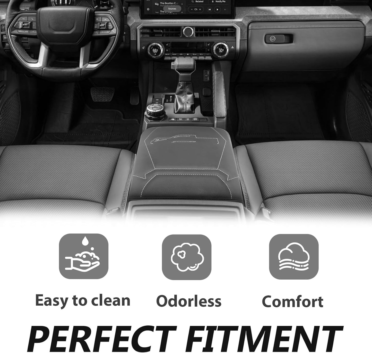 Muslogy Center Console Armrest Cover Compatible with 2024 Toyota Tacoma 2025+ 4Runner Accessories Armrest Lid Protector Vegan Leather Cushion Regular Thick(Black/Gray Stitching)