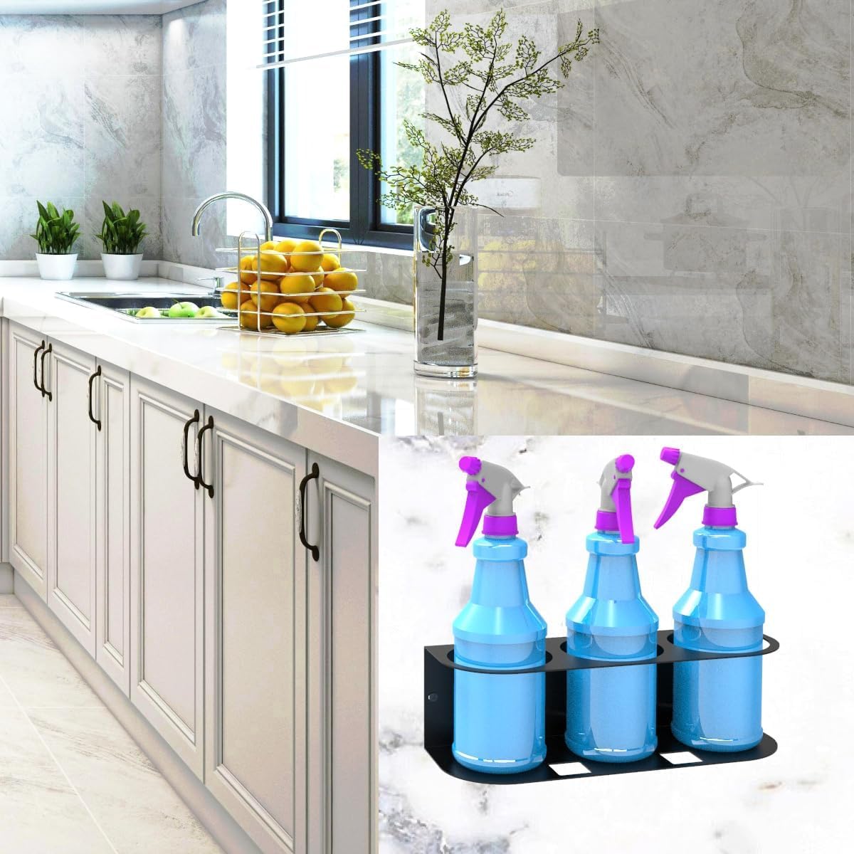 JINGCHENGMEI 2Pcs of 3 Spray Bottles Holder, Steel Wall Mount Storage Organizer for All-Purpose at Garage and Home (SBH-3B2Pcs)