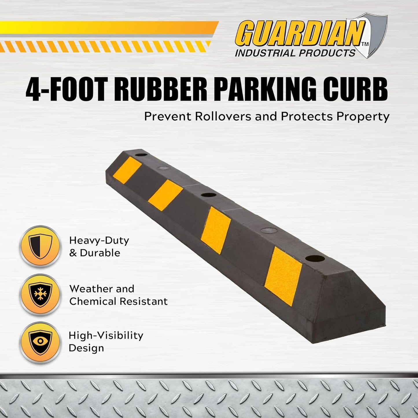 Guardian 4' Rubber Parking Curb with Mounting Holes Hi-Vis Yellow UV-Resistant for Paved, Gravel Parking Lot 4" H