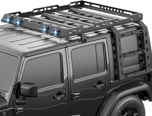 for JK JKU Roof Rack Hard Top Cargo Basket with Ladder & 4 LED Lights Compatible with 2007-2018 Jeep Wrangler JK JKU Unlimited 4 Doors Hardtop, Rooftop Rack Carrier Luggage Storage Holder
