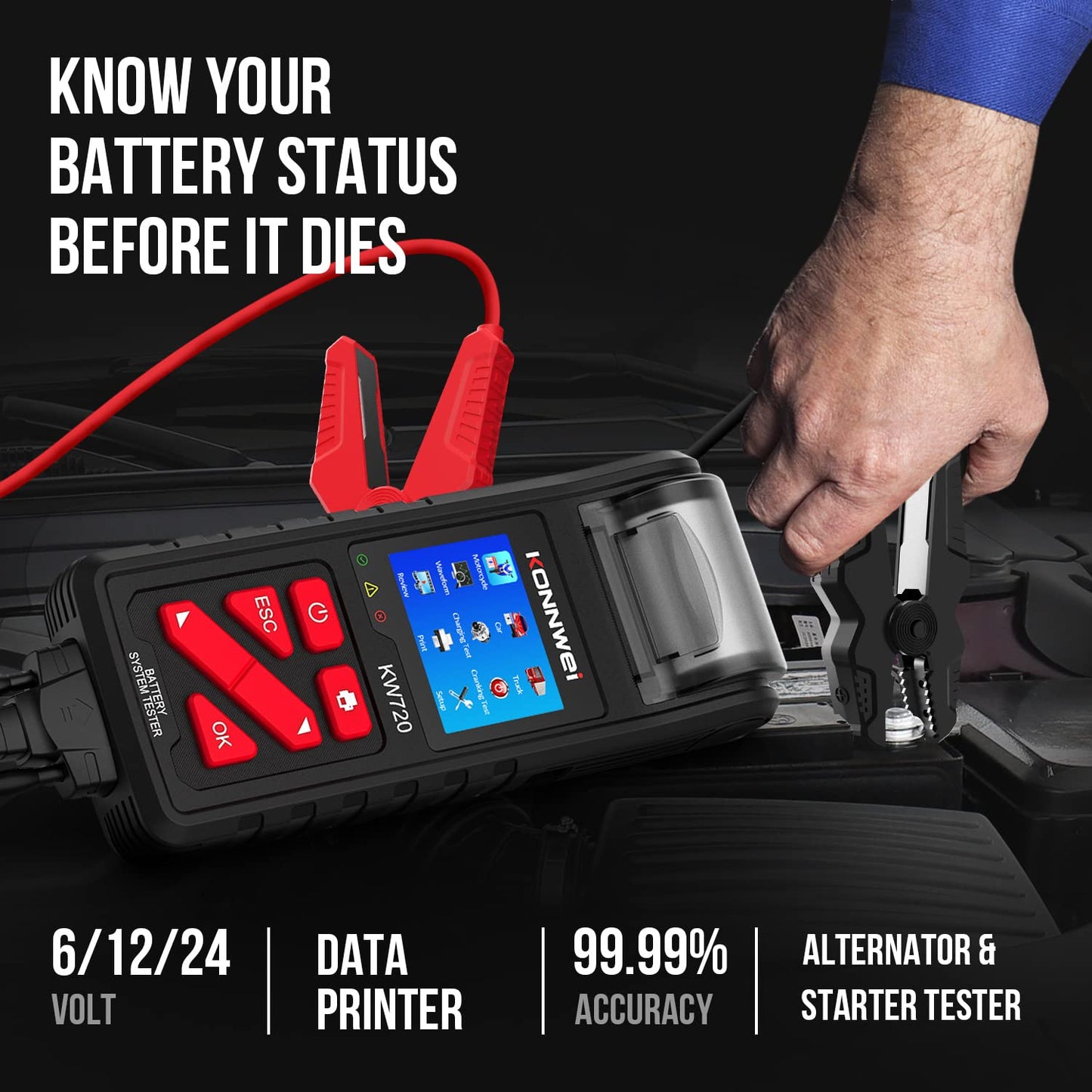 KONNWEI KW720 Car Battery Tester 6V 12V 24V W/Printer, Battery Load Tester Automotive 100-2000CCA Digital Auto Battery Analyzer Alternator Starter Tester for Car Truck Motorcycle(Paper Included)