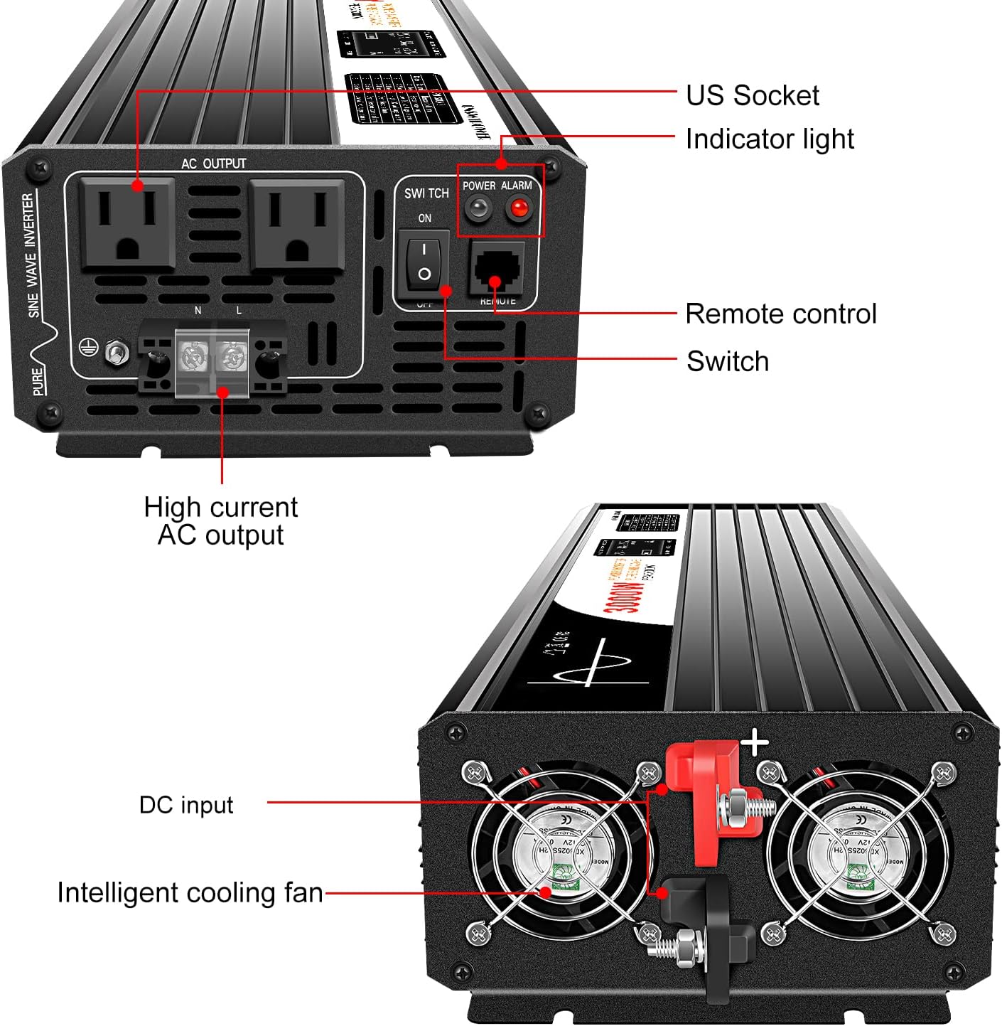 Xijia 3000W (Peak Power 6000W) Pure Sine Wave Power Inverter DC24V to 110V 120V ac Converter 60HZ with Soft Start for car &Camping (DC24V (Range 20V-30V) 3000W)