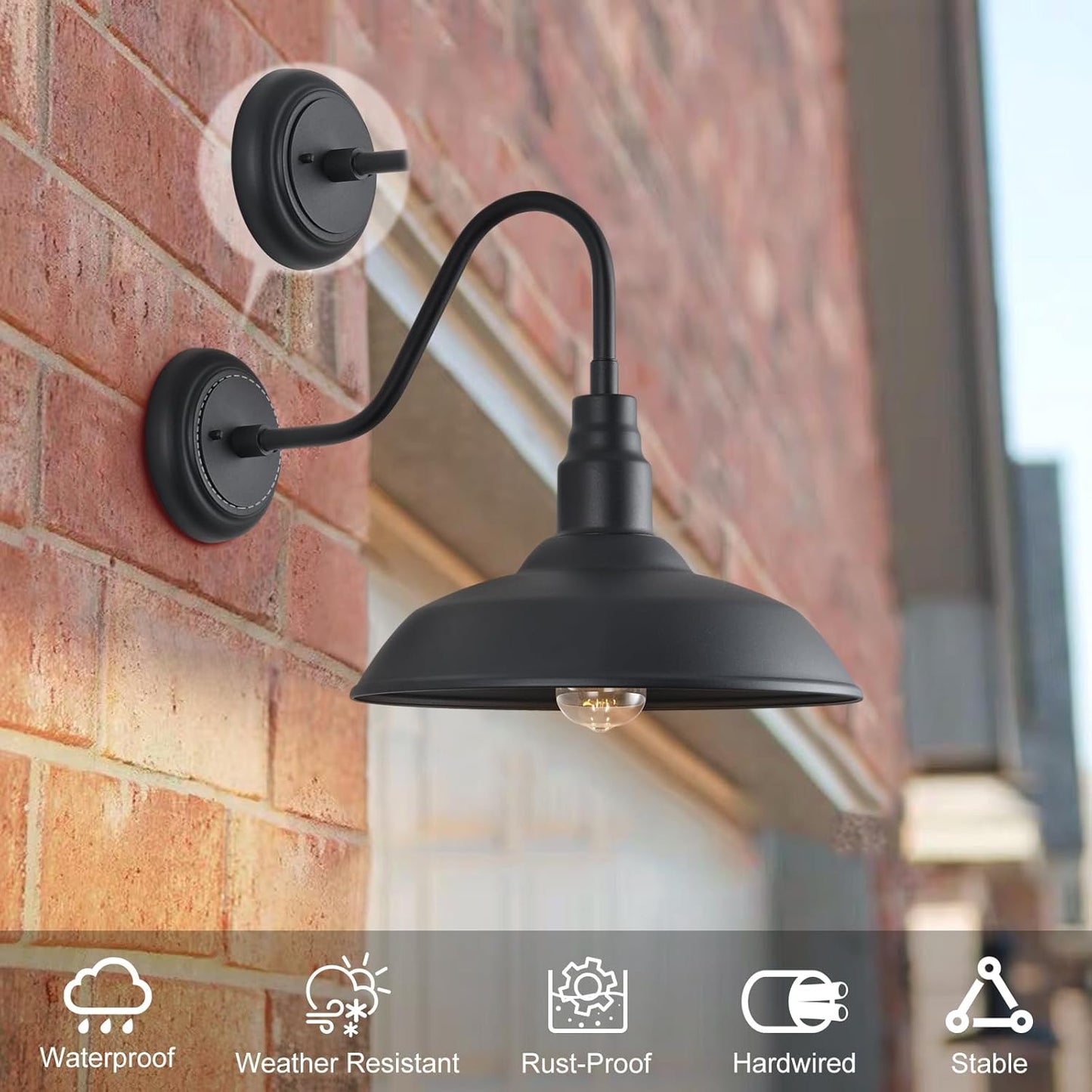 14in Outdoor Gooseneck Light Fixture for Porch, Large Exterior Barn Light with Wall Mount, Black Industrial Lighting Fixture for Farmhouse Garage Patio