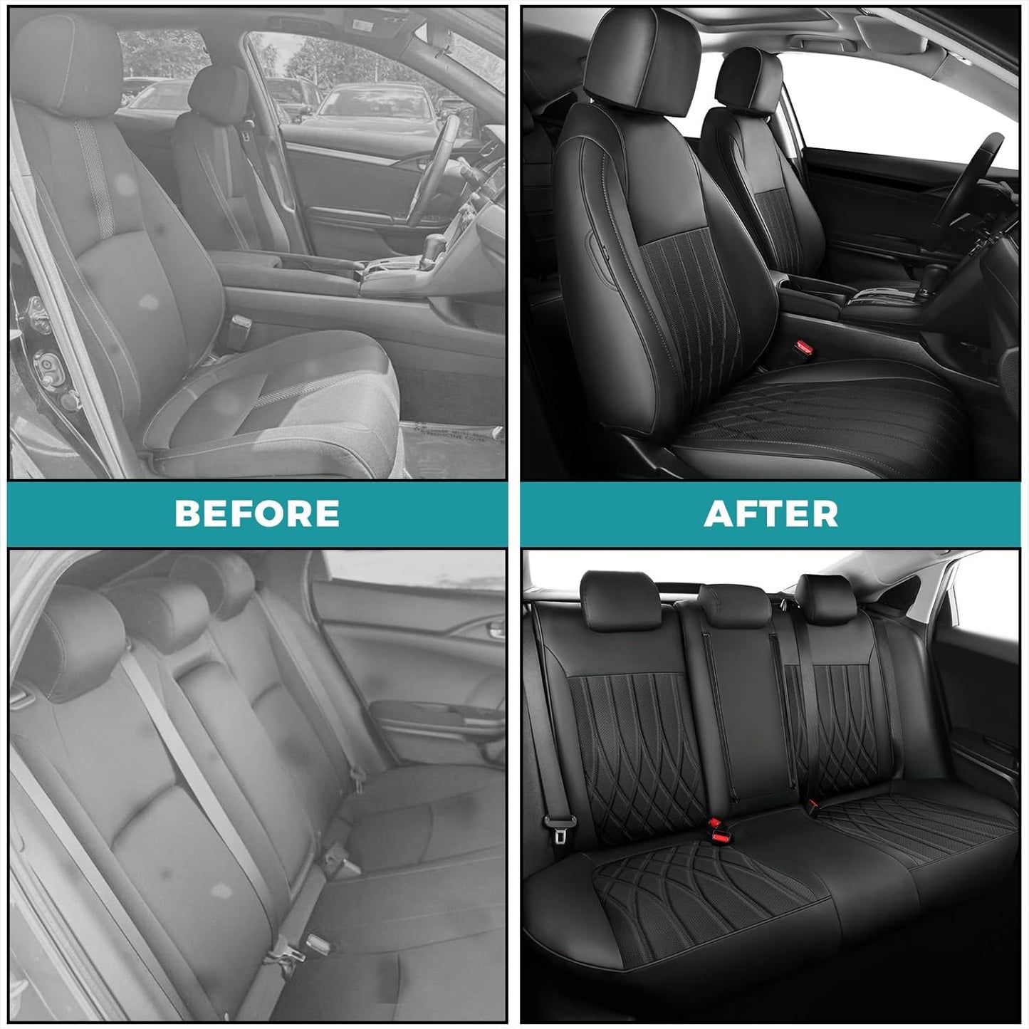 Seat Covers for Honda Civic Sedan EX-L, EX-T, EX, Touring, LX-P, Sport 2016 2017 2018 2019 2020 2021, Faux Leather Car Seats Cover Full Set(Rear Row 40/60 Split & Folding Backrest)-Black