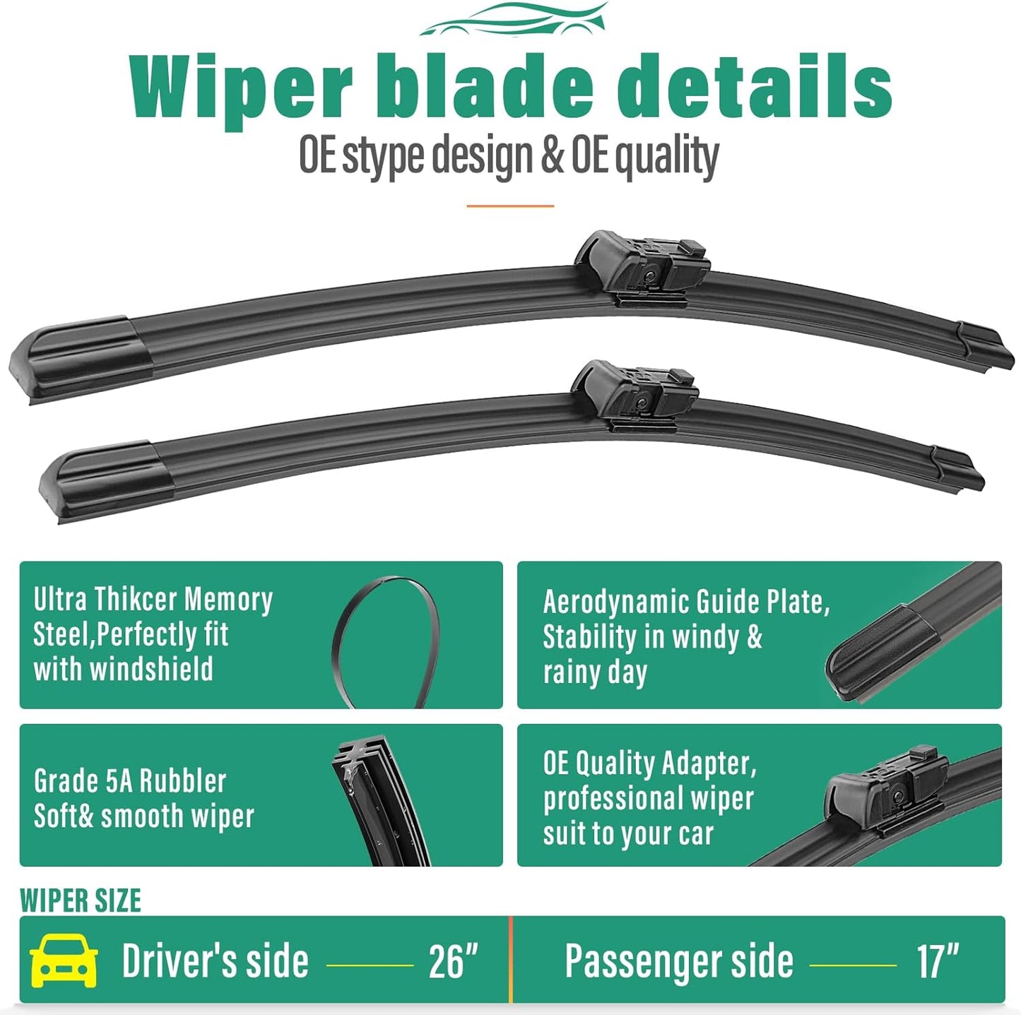 26" 17" 12" Windshield Wiper Blades Replacement for Cadillac SRX 2010 2011 2012 2013 2014 2015 2016 Premium All Weather Front Rear Wipers Set - OEM Quality (Pack of 3)