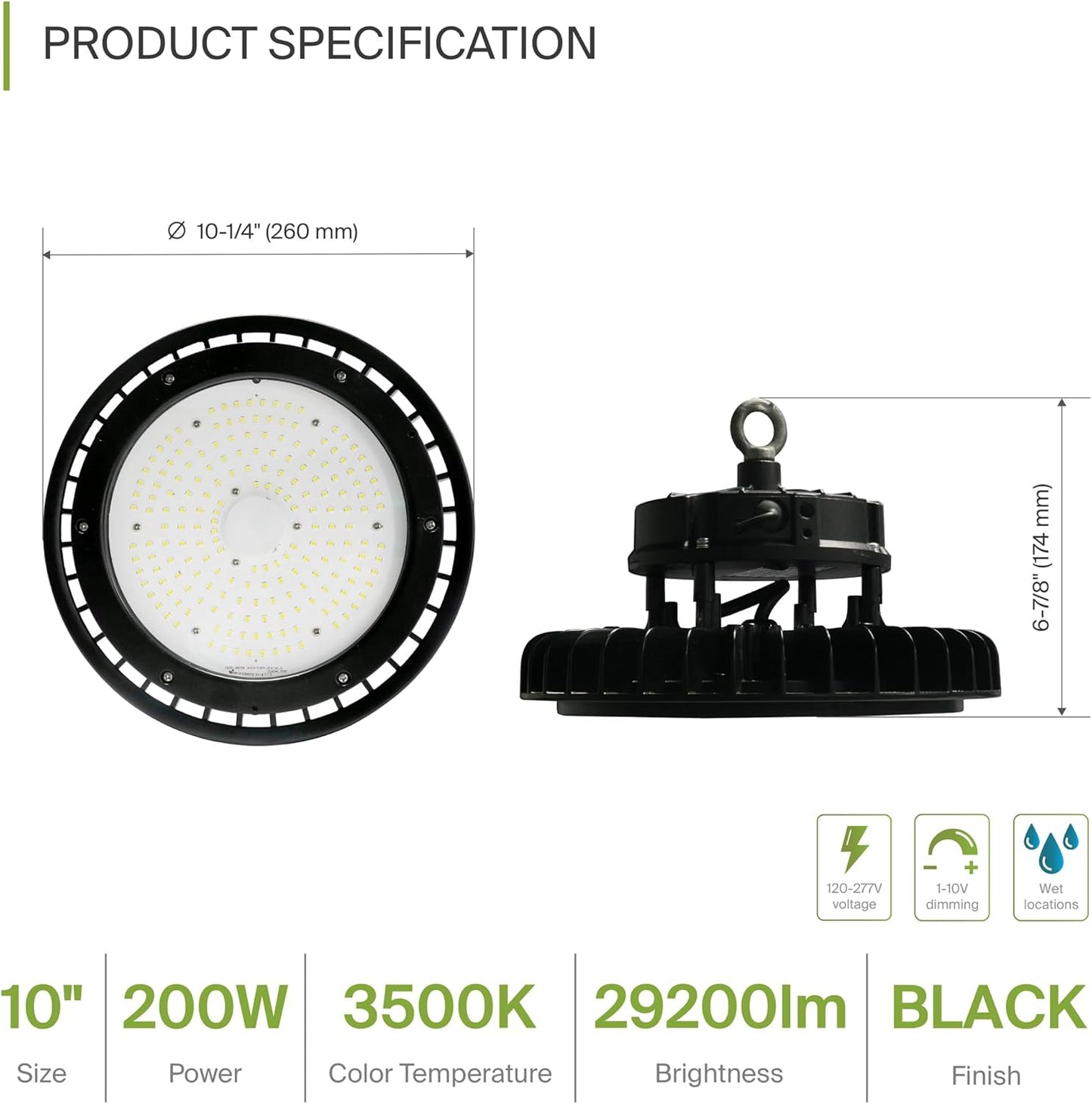 ASD LED High Bay UFO Light Fixture, Commercial Shop Lighting | Dimmable, IP69K Waterproof, DLC Premium, UL Listed | 200W 29000LM 3500K 100-277V | Warehouse, Garage, Workshop, Barn Lamp | Black