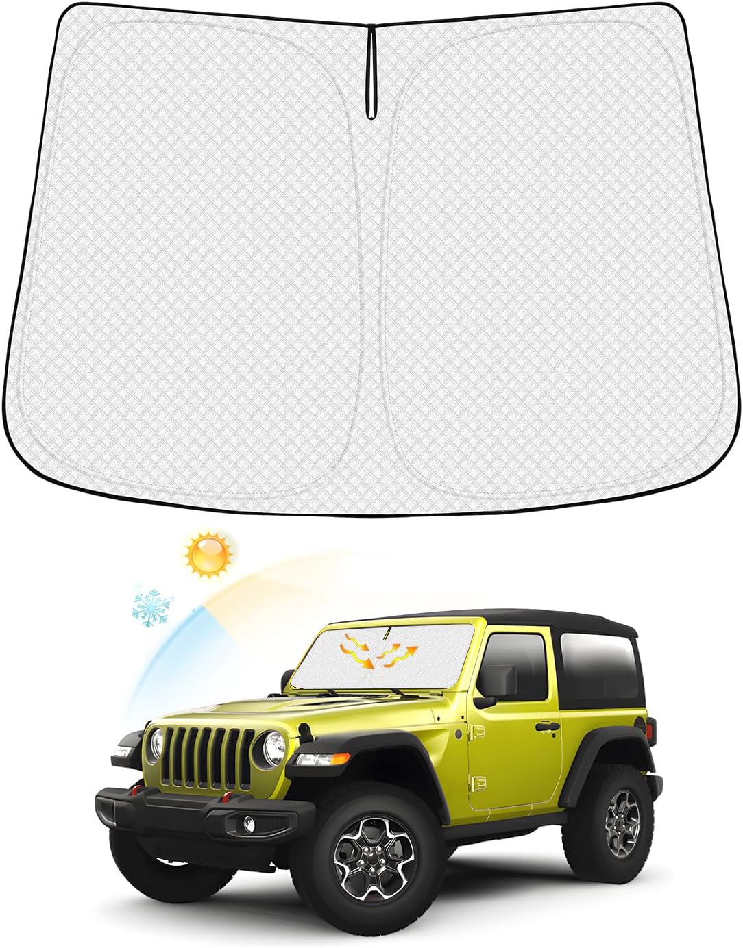Windshield Sun Shade for 2018-2026 Jeep Wrangler JL/2020-2026 Jeep Gladiator JT Accessories Thicken 6-Layer Front Window Sunshade Cover Sun Visor Protector Foldable Block UV Rays Keep Car Cool