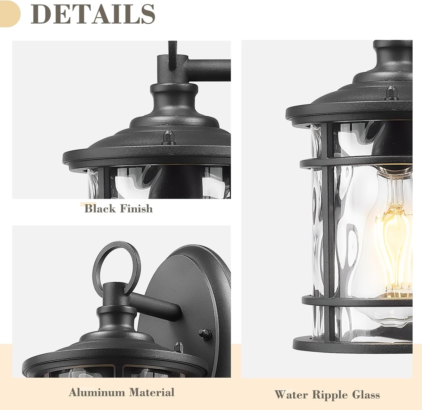 Emliviar 1-Light Outdoor Wall Mounted Lighting, Matte Black Outside Porch Light, 11.4" Aluminum Carriage Light with Water Ripple Glass, XE229BS BK-WG