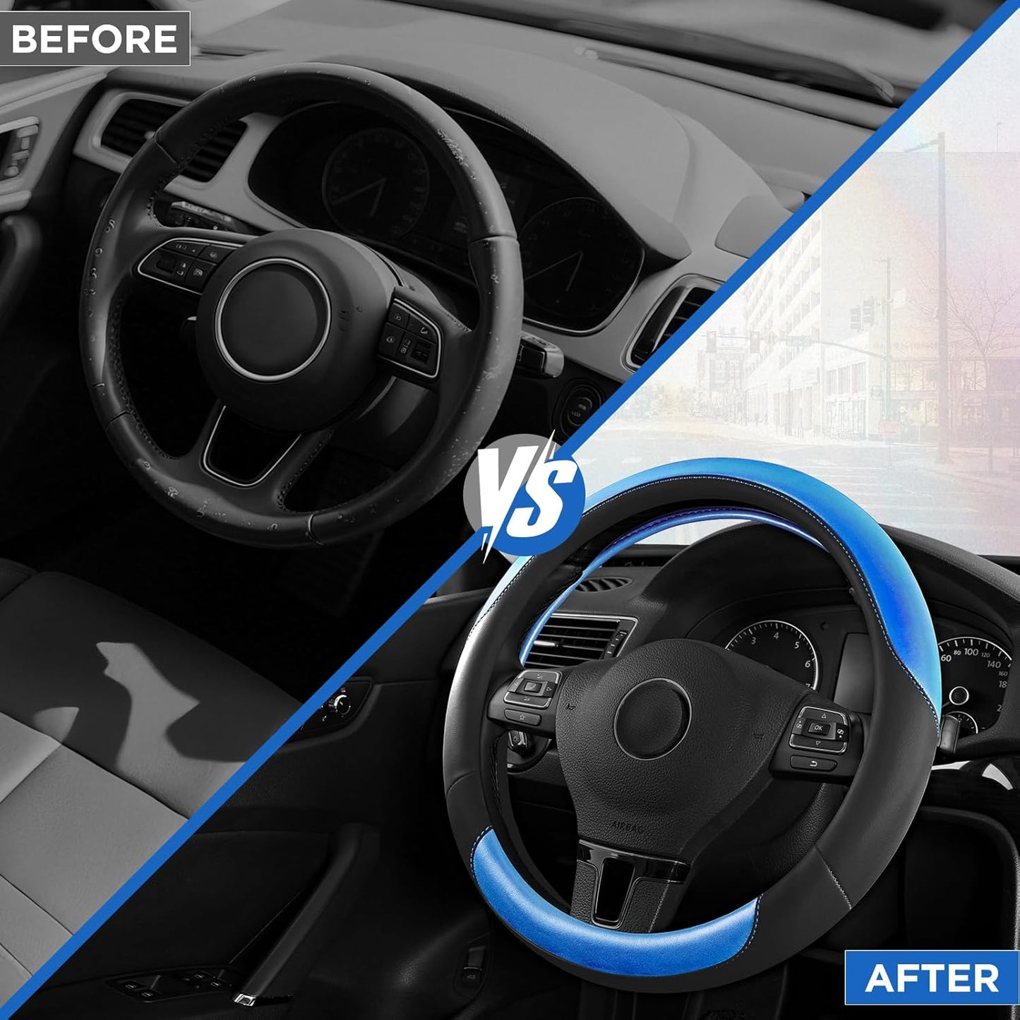 Road Comforts Steering Wheel Cover – Breathable Leather Steering Wheel Cover, Anti-Slip Grip, Universal Fit 14.5” to 15”, Heat & Cold Resistant for Cars, SUVs, and Trucks – Black & Dark Blue