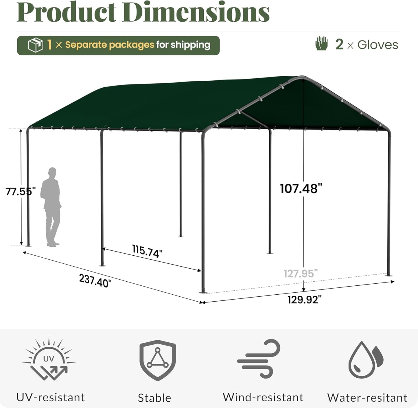 Carport, 10‘ x 20’ Heavy Duty Portable Garage All-Season Car Canopy w/Removable Sidewall & Doors, Carport Canopy Party Tent w/Water-Resistant Tarp for Backyard (Green, 10' x 20' /no Side)