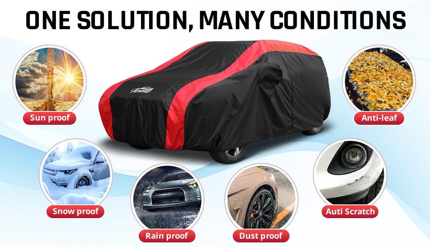 SUV Cover Waterproof All Weather Protection with Red Stripe Design, Car Cover Universal Fit Ford Explorer, Toyota Highlander, Honda Pilot, Dodge Durango, BMW X5 X6, Lexus RX350