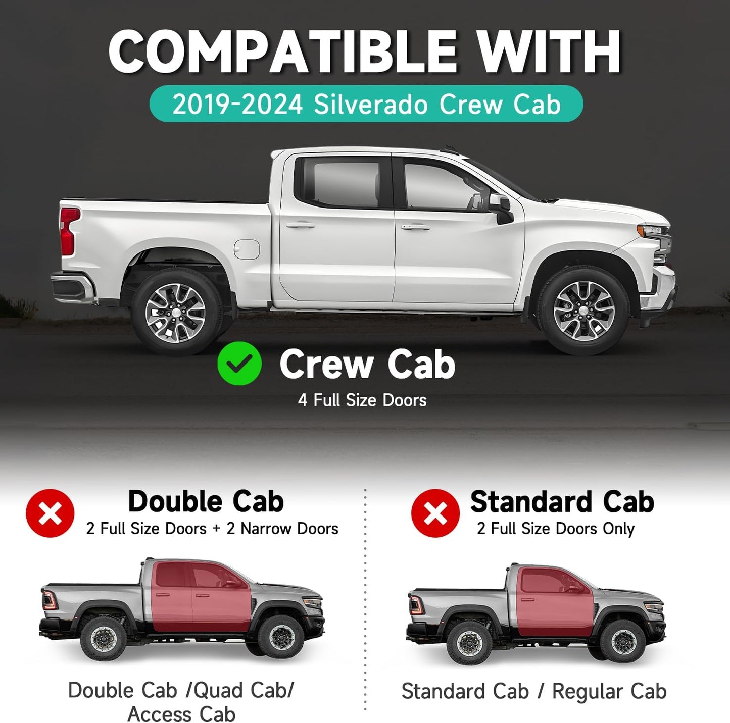 6'' Running Boards – Heavy-Duty Black Carbon Steel with Powder Coating – Compatible with 2019-2024 Silverado Crew Cab (Diagonal Slots)