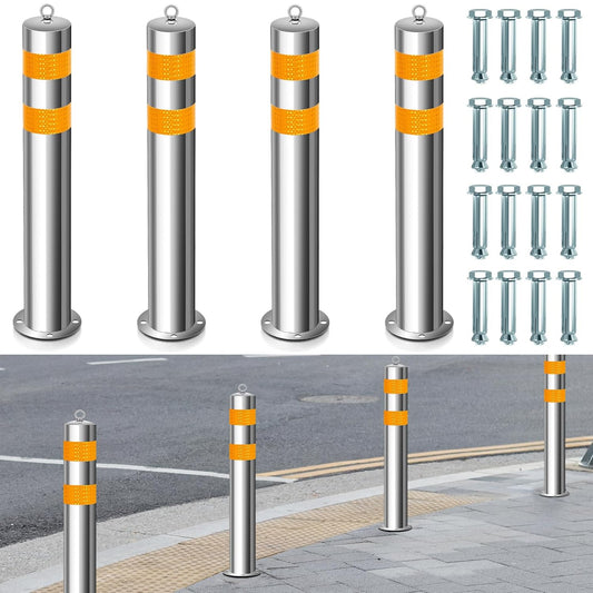 31.5 Inch Stainless Steel Bollard Post with Anchor Bolts Parking Barrier Block Safety Bollard Covers with Reflective Strips and Hanging Ring for Parking Lots Driveways Garage Pathways(4 Pcs)
