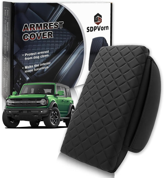 Armrest Cover for Ford Bronco 2021-2025 Center Console Pad with Organizer Storage Pockets, Black Faux Leather Arm Rest Lid Protector Cushion Interior Accessories 2/4 Door (for Bronco)