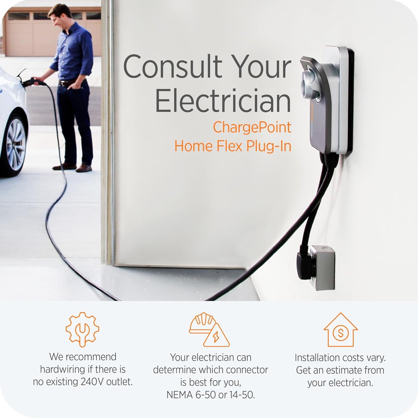 ChargePoint HomeFlex Level 2 EV Charger J1772, NEMA 14-50 Plug for Electric Car - Fast Smart Battery Power Charging at Home for Electric Automobile Vehicles