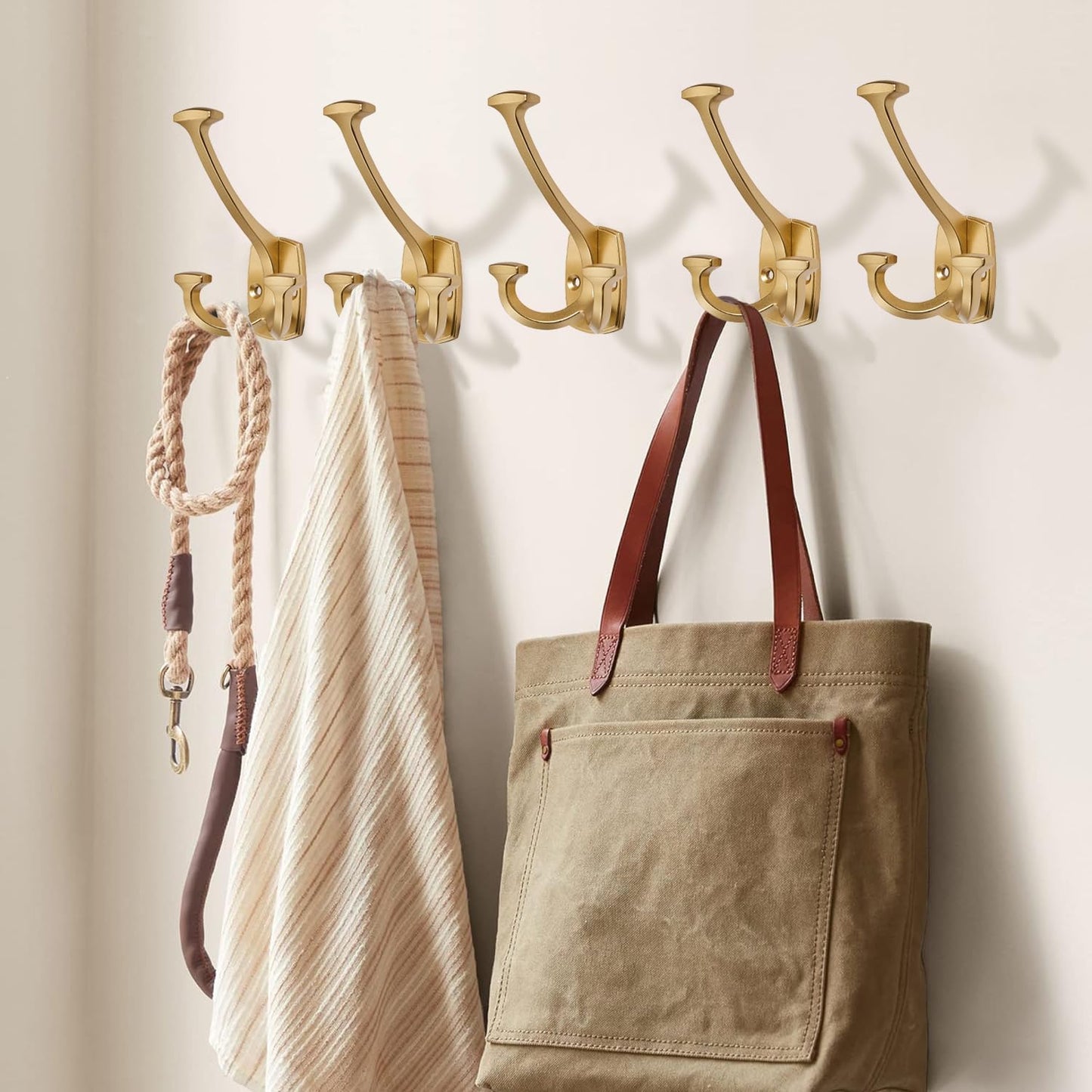 Large Wall Double-Sided Hook 5 Pack Gold Hook Decorative Heavy Duty Solid Large Coat Hooks for Towel Hanging Coats Robe Towel Bags Door Back 2 Prong Hooks