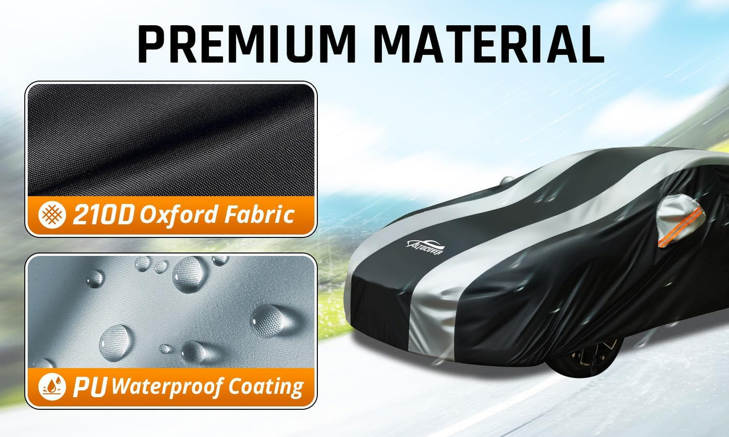 Car Cover Waterproof All Weather Protection with Silver Stripe Design,Outdoor Car Cover Universal Fit Lincoln MKZ, Chrysler 300, Tesla Model S, Cadillac CTS CT5, Dodge Challenger Charger