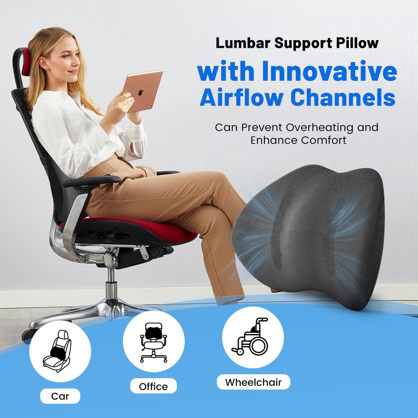 Memory Foam Lumbar Support Pillow for Car Seat & Office Chair - Orthopedic Lower Back Support for Lower Back Pain Relief, Posture Corrector with Breathable Airflow Channels