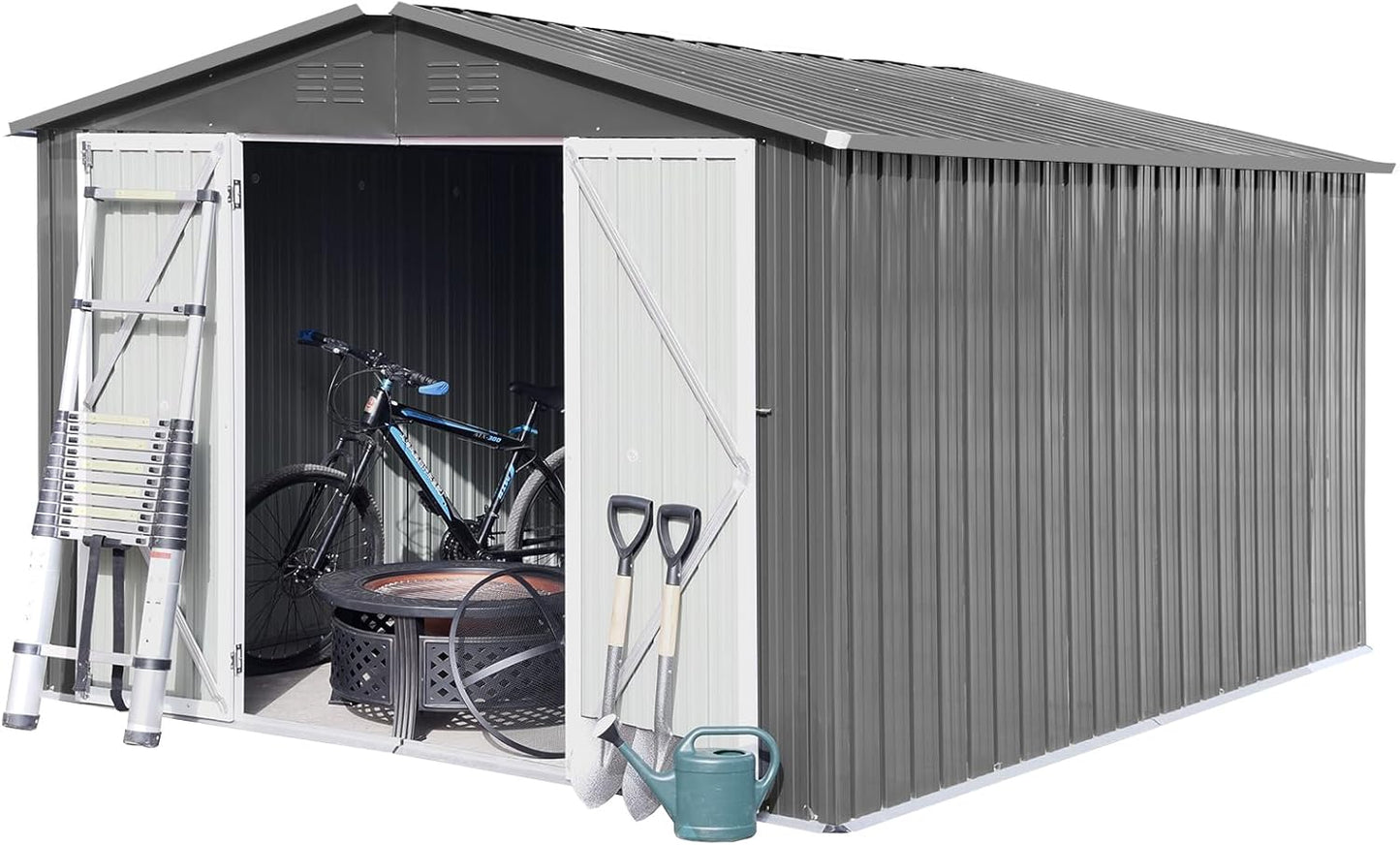 12 x 10 FT Metal Garden Shed, Outdoor Storage Shed with Heavy-Duty Steel Construction, Built-in Punched Vents & Hinged Door, Free Padlock for Secure Backyard, Patio & Garage Storage, Grey