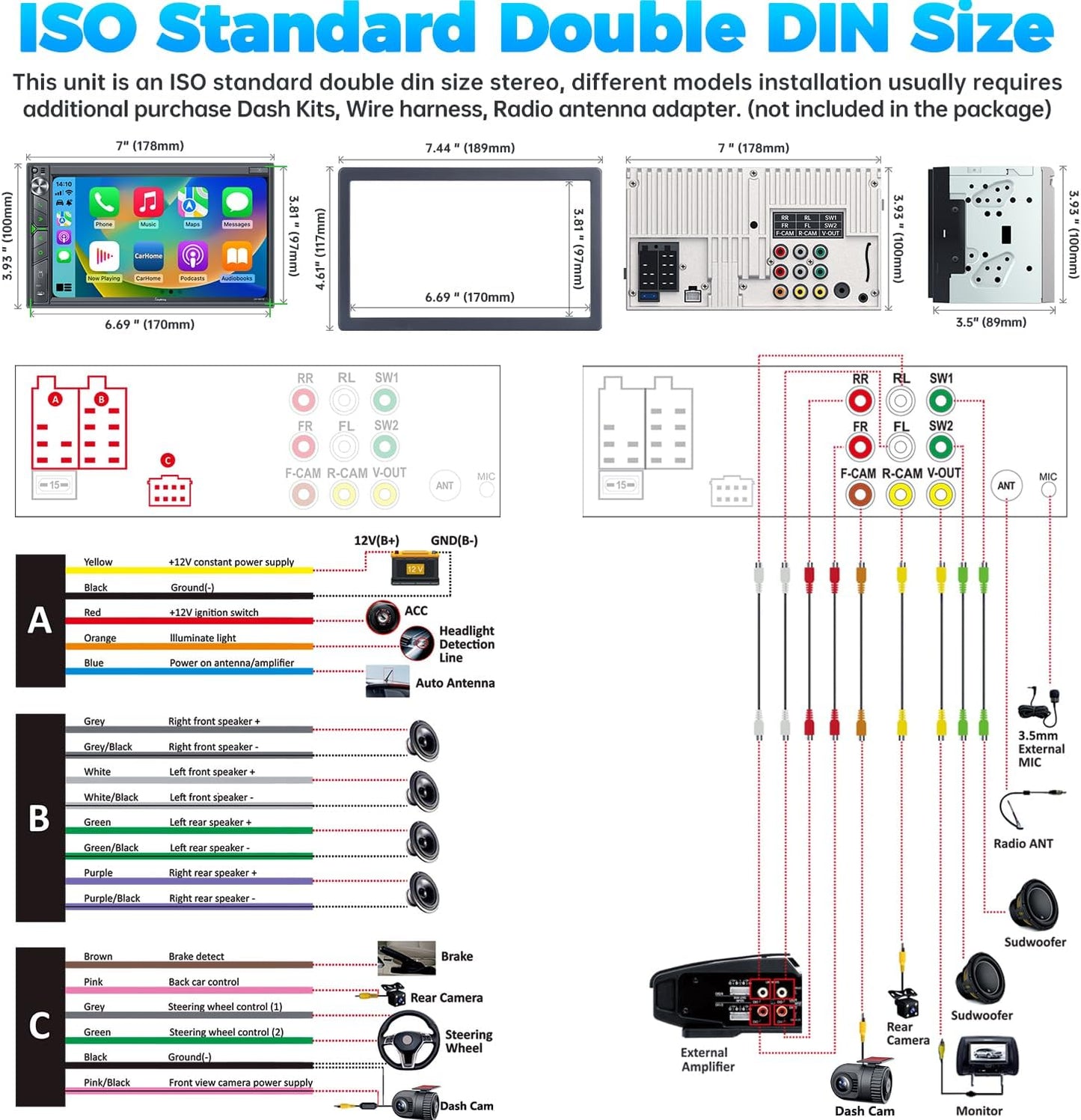 SJoyBring Upgrade Wireless Double Din Car Stereo with Apple Carplay, Android Auto, Dash Cam, Bluetooth, 4-Channel RCA, 2 Subwoofer Ports, 7" HD Capacitive Touchscreen Car Radio, 60W*4, Backup Camera