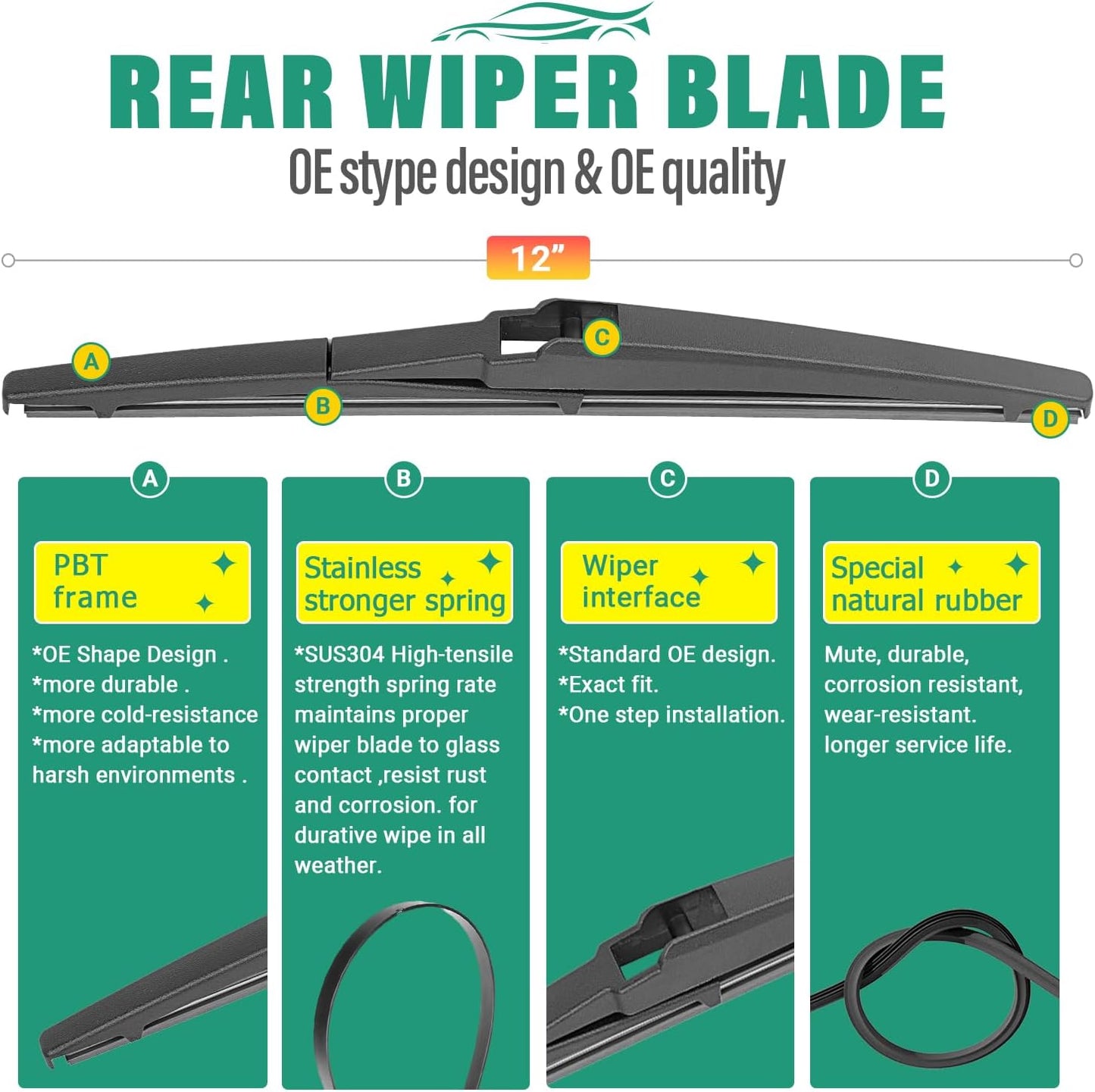 26" 14" 12" Windshield Wiper Blades Replacement for Toyota Yaris 2007 2008 2009 2010 2011 Premium All Weather Front Rear Wipers Set - OEM Quality (Pack of 3)