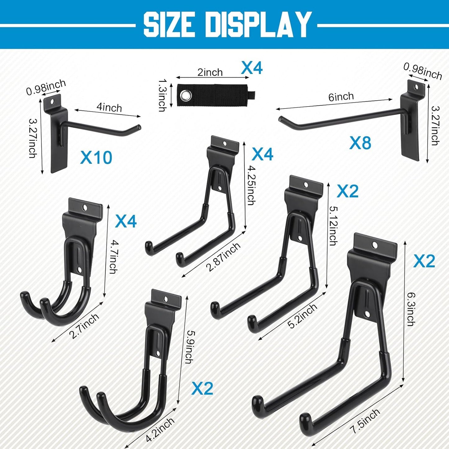 Landhoow 36 Pcs Slatwall Hooks & Hangers 32 Pcs Heavy Duty Slat Wall Hanging Hooks with 4 Pcs Storage Straps Assortment Slatwall Accessories for Storage Garage Wall Organization Garden Home (Black)