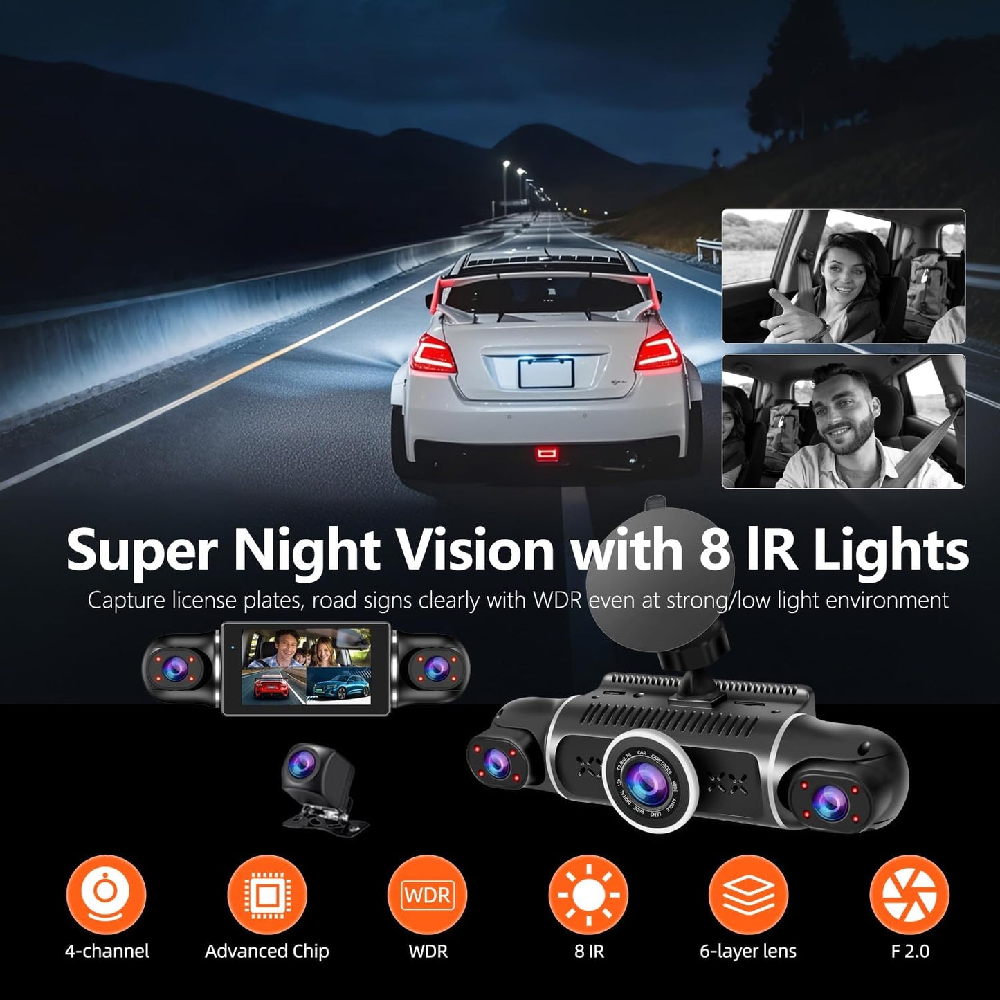 360° Dash Cam Front and Rear View 4 Channel Dash Camera FHD 2K+1080Px3 for Car, Inside/Back 170°+2x150°+170° Wide Angle, 8 IR Lamps Night Vision,WiFi,GPS, APP,G-Sensor with 64GB Card,24/7 Parking Mode