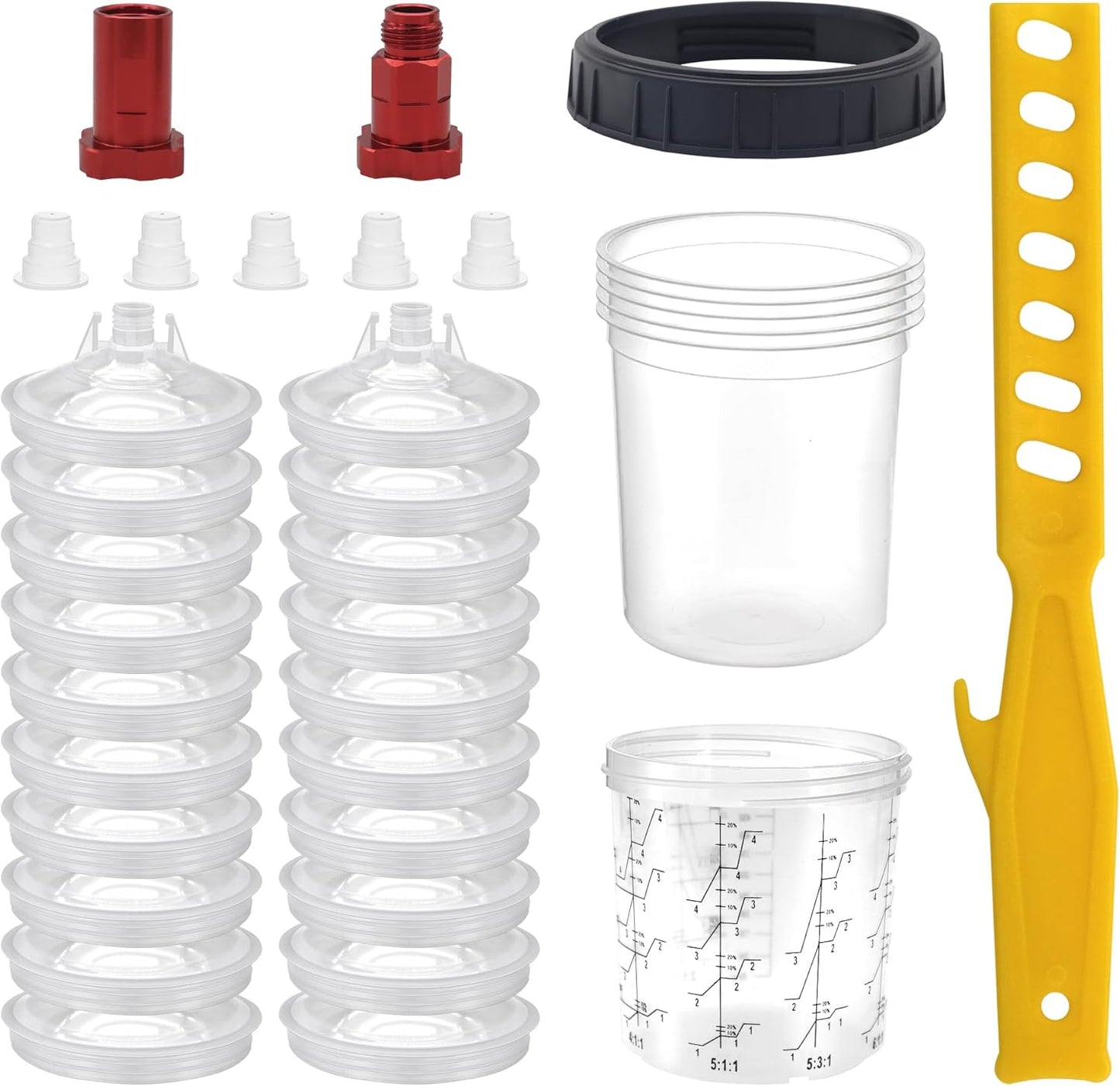 Disposable Paint Cup 20 Ounce (600 ml) Kit - 20 Paint Mixing Cups Liner, 20 Filter Lids, 2 Spray Gun Adapters, 5 Sealing Plugs, 1 Hard Cup，1 Sealing Ring, 1 Stirrer, for Car & DIY Painting