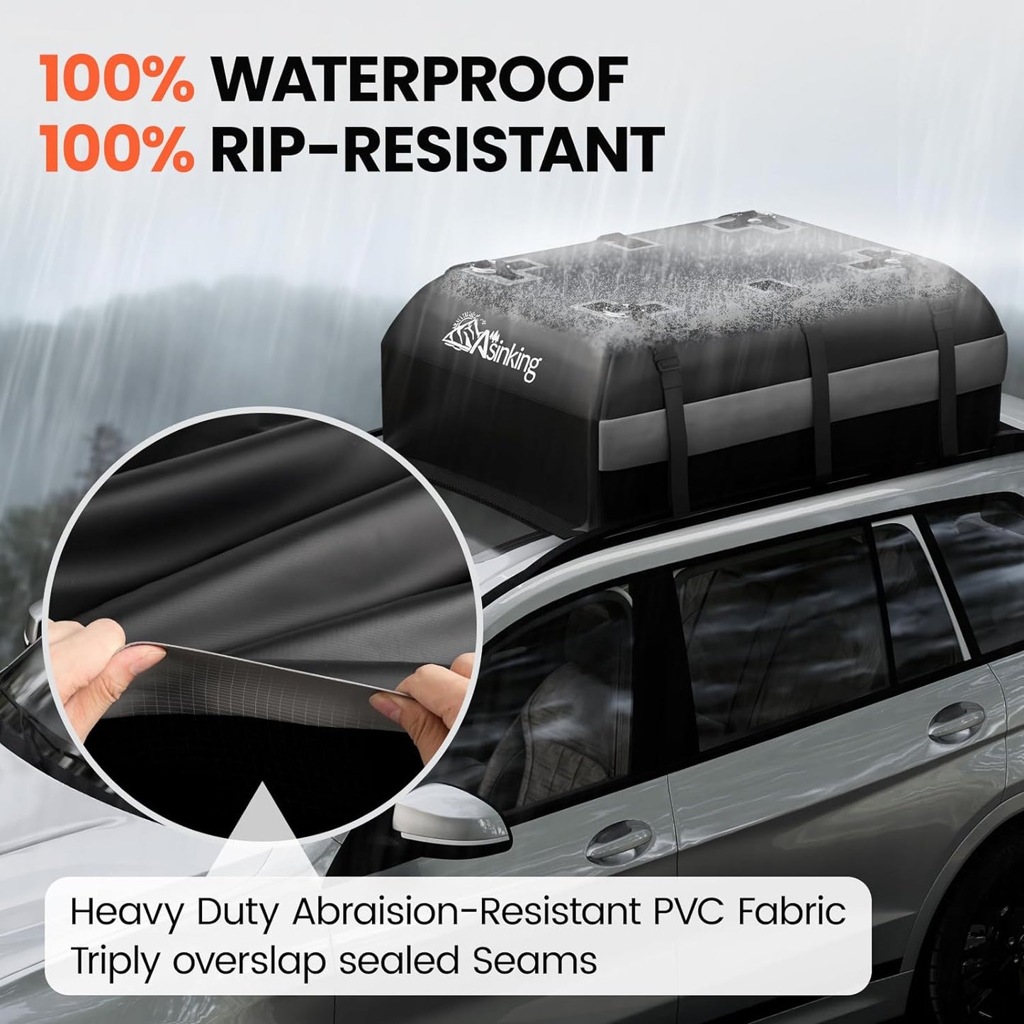 Asinking Car Rooftop Cargo Carrier Bag - 100% Waterproof Heavy Duty Car Roof Luggage Carrier 15 Cubic Feet, Fits All Vehicles with/Without Roof Rack - Easy Install & Triply Reinforced for Secure Use