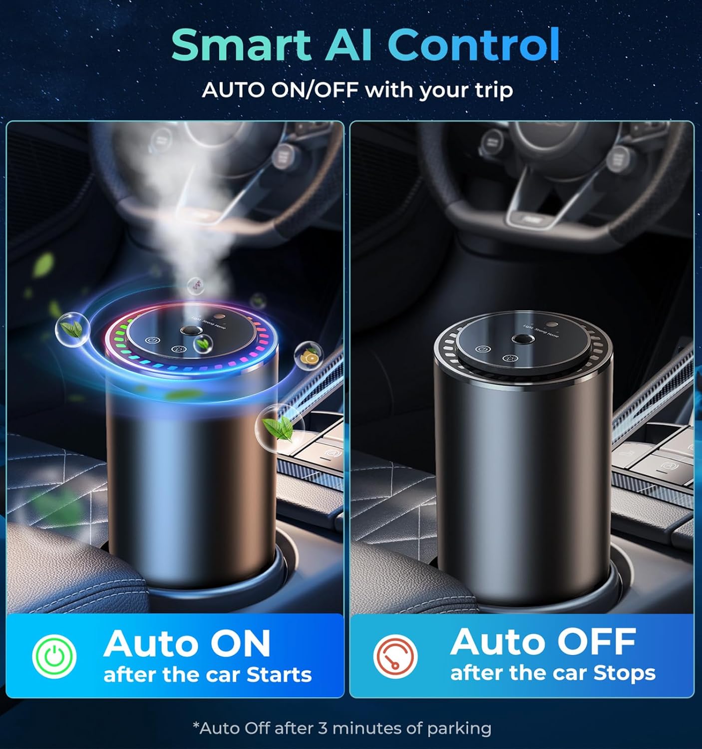 Smart Car Air Fresheners, New Smell Experience Car Freshener Essential Oil Diffuser, Adjustable Concentration, Auto On/Off, Built-in Battery, Each Bottle of Perfume Lasts 120 Days-Ocean