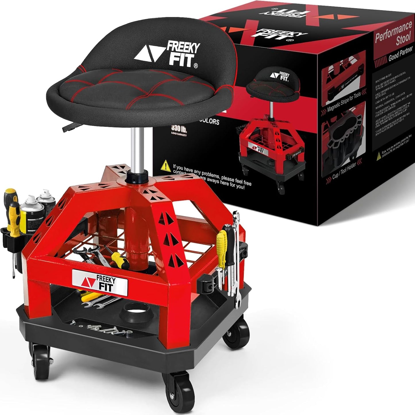 Rolling Shop Stool for Garage with Casters, DO02-Adjustable Height 360° Swivel Shop Seat with Tool Tray Storage, 330 LBS Capacity Padded Mechanic Stool, Magnetic Tool Hold, Heavy Duty, Red