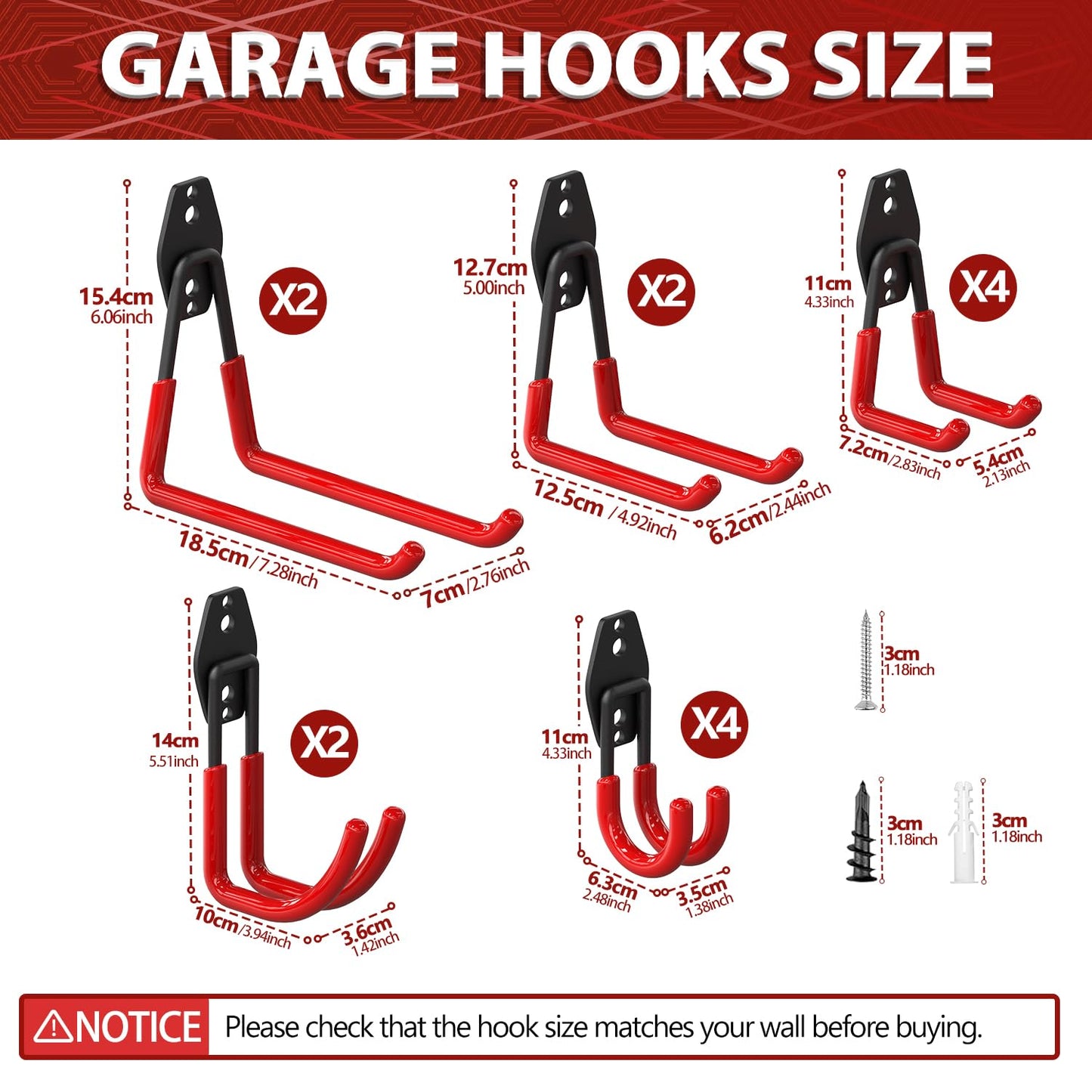 3-H Garage Wall Hooks 45 Pack, Garage Hooks Heavy Duty with Extra Welding Spots, Garage Organizer for Garden, Lawn, Chairs, Ladders, WeedEater, Shovel (Red)