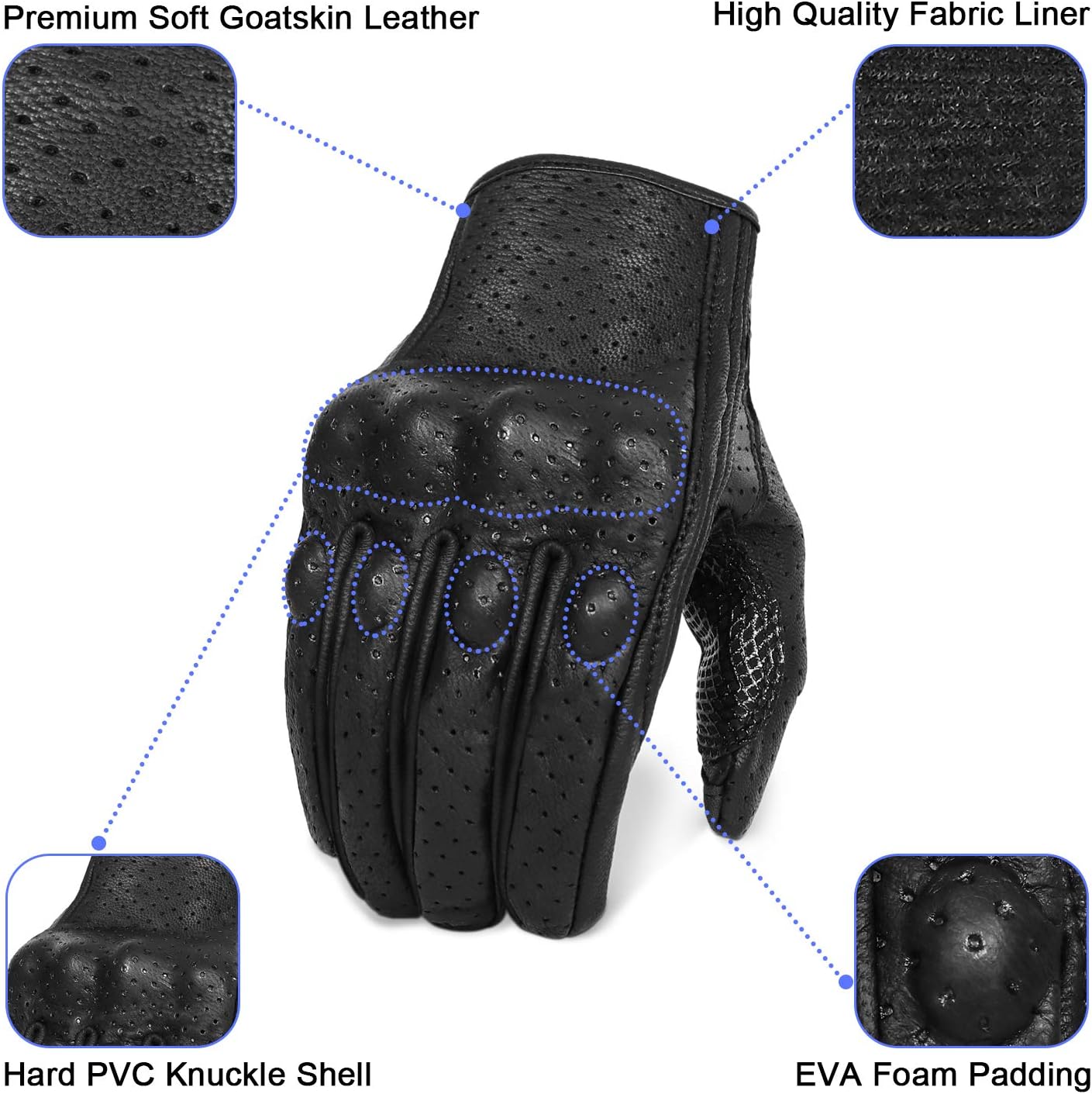 Updated Breathable Leather Motorcycle Gloves with Knuckle Armored Motorbike Gloves for Men (Updated,Perforated, XL)