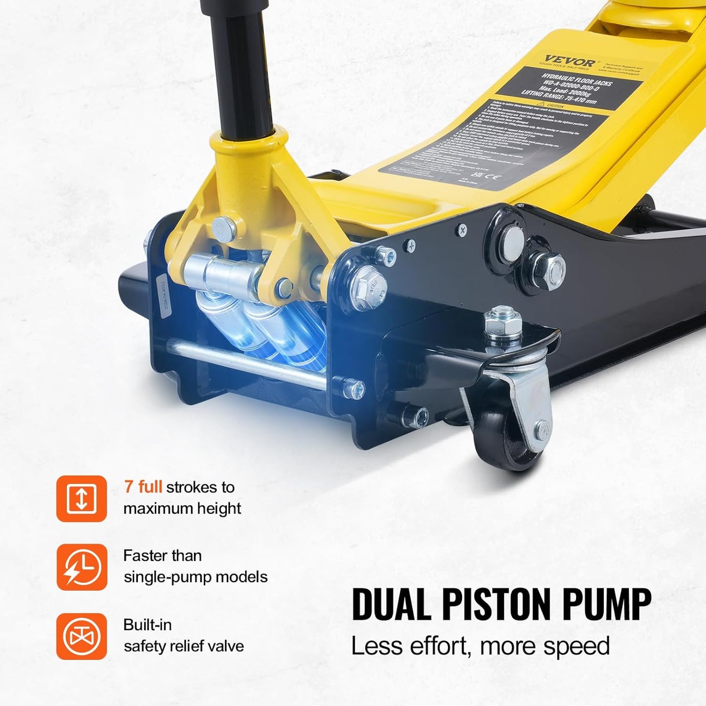 VEVOR Low Profile Floor Jack 2 Ton (4400 lbs), Heavy Duty Iron Hydraulic Racing Floor Jack, Hydraulic Car Jack, Dual Piston Quick Lift Pump, 3"-18.5" Height Lifting Range (Yellow)