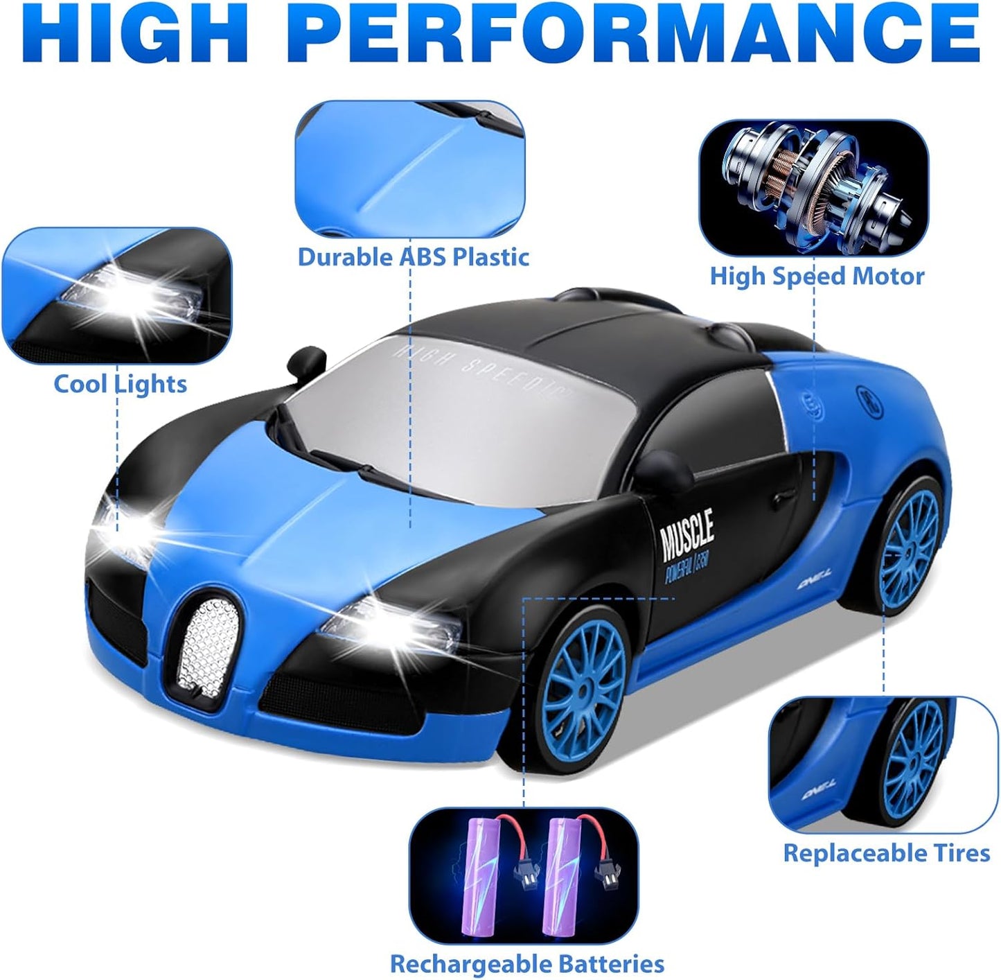 RC Drift Car, 1:24 4WD Drifting RC Cars 2.4GHz High Speed Remote Control Car with LED Light, Two Batteries and Drift Tires Racing Toy Cars for Kids Boys Girls Adults, Blue