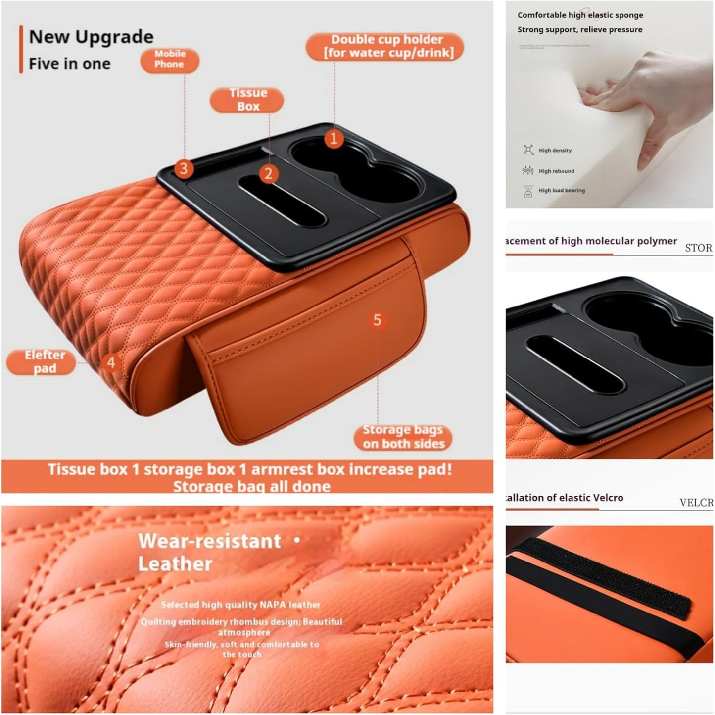 Center Console Cover Organizer, 5-In-1 Arm Rest Cover for Car with Cup Holder & Storage Pocket & Tissue Holder, Armrest Cover Cushion Pad, Water Ripples, Beige