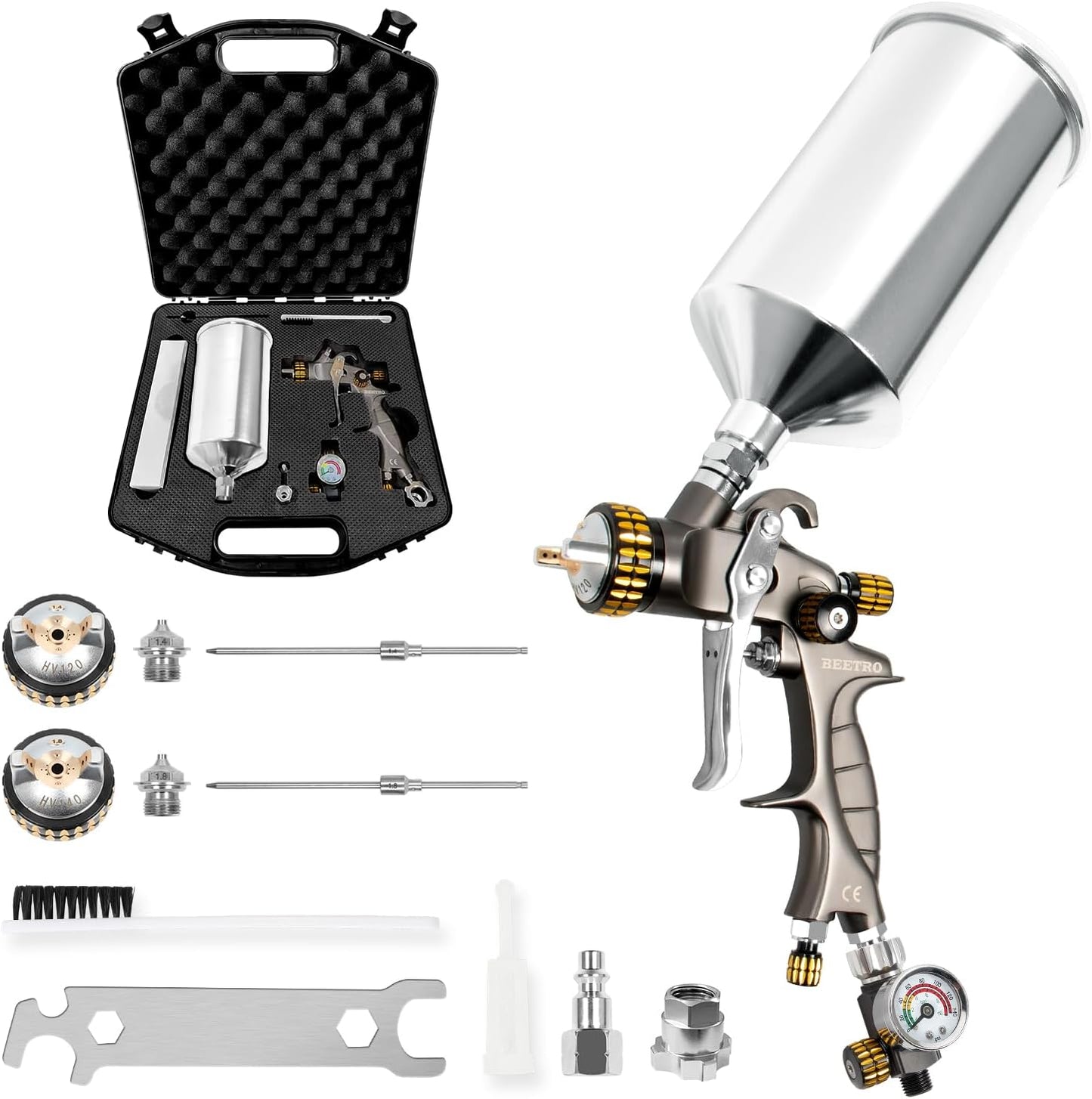BEETRO HVLP Air Spray Gun with Storage Box, 1000ml Capacity 14.3CFM 29-32psi 1.4/1.8mm Nozzles Stainless Steel with Type 2 Adapter Professional Gravity Feed Sprayer Automotive
