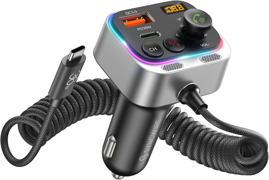 Syncwire Bluetooth 5.4 FM Transmitter Car Adapter 66W PD & QC 3.0 Fast Charging with USB-C Cable Wireless Radio Adapter with Light Control, HiFi Bass, Hands-Free Calling and Strong Mics