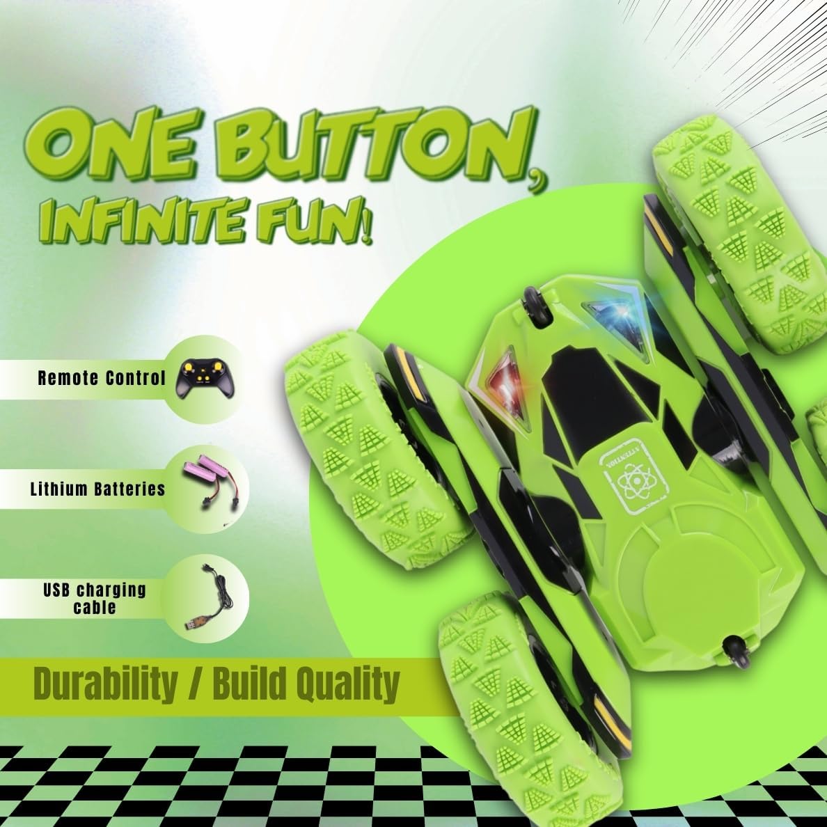 RC Stunt Car, Remote Control Double-Sided Driving 360° Flips & Rotations, Rechargeable Lithium Batteries, Color-Changing Lights, for Kids Ages 6-12, Green