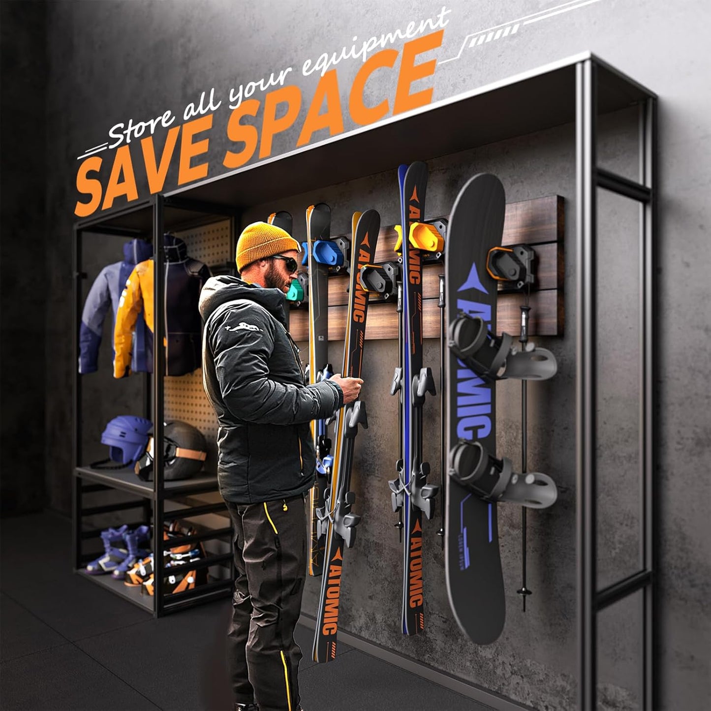 Ski & Snowboard Wall Rack for Garage Wall Fits Any Ski/board, Ski Wall Mount Holders Damage-Free Storage Rack, Garage Organization Space-Saving Winter Gear Organizer