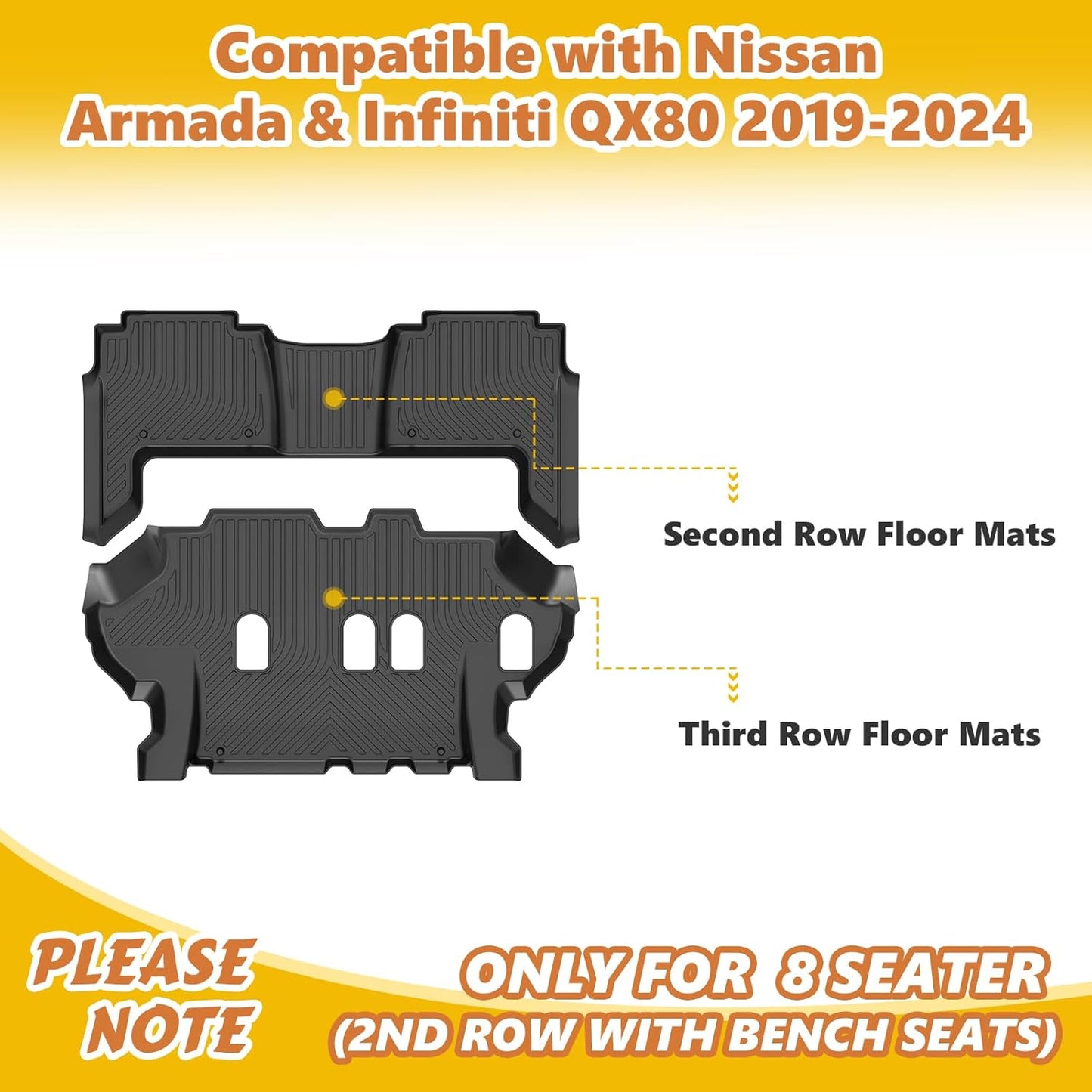 GINOWY-Floor Mats & Cargo Liner for Nissan Armada &Infiniti QX80 2019-2024 Bench Seating All Weather Armada 2024 Floor Mat Non-Slip Backrest Mat Trunk Mat Waterproof Floor Liners Accessories Black