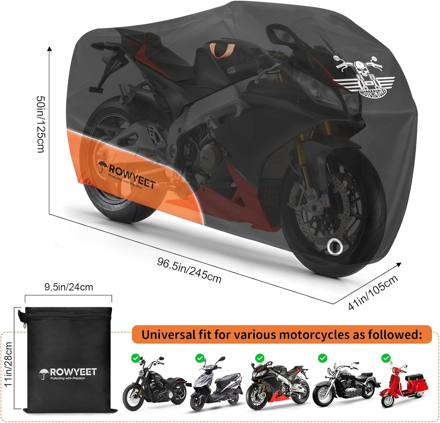 Motorcycle Cover Waterproof Outdoor Storage with Lock-Holes, Zipper Storage Bag & Night Reflective Design, All Season Protection Powersports Vehicle Covers Fits up to 96.5" Motorcycles